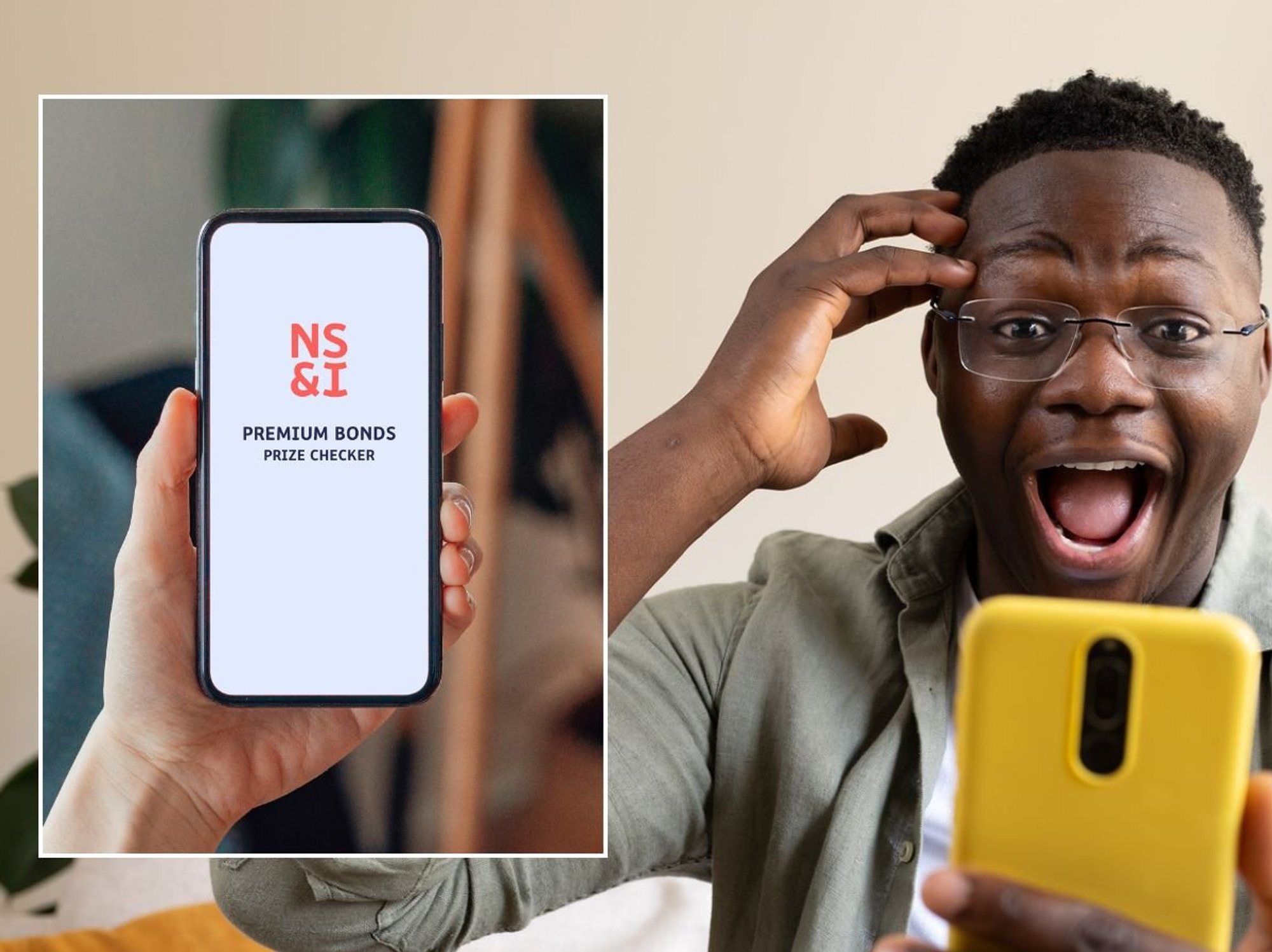 Man on phone and NS&I prize checker