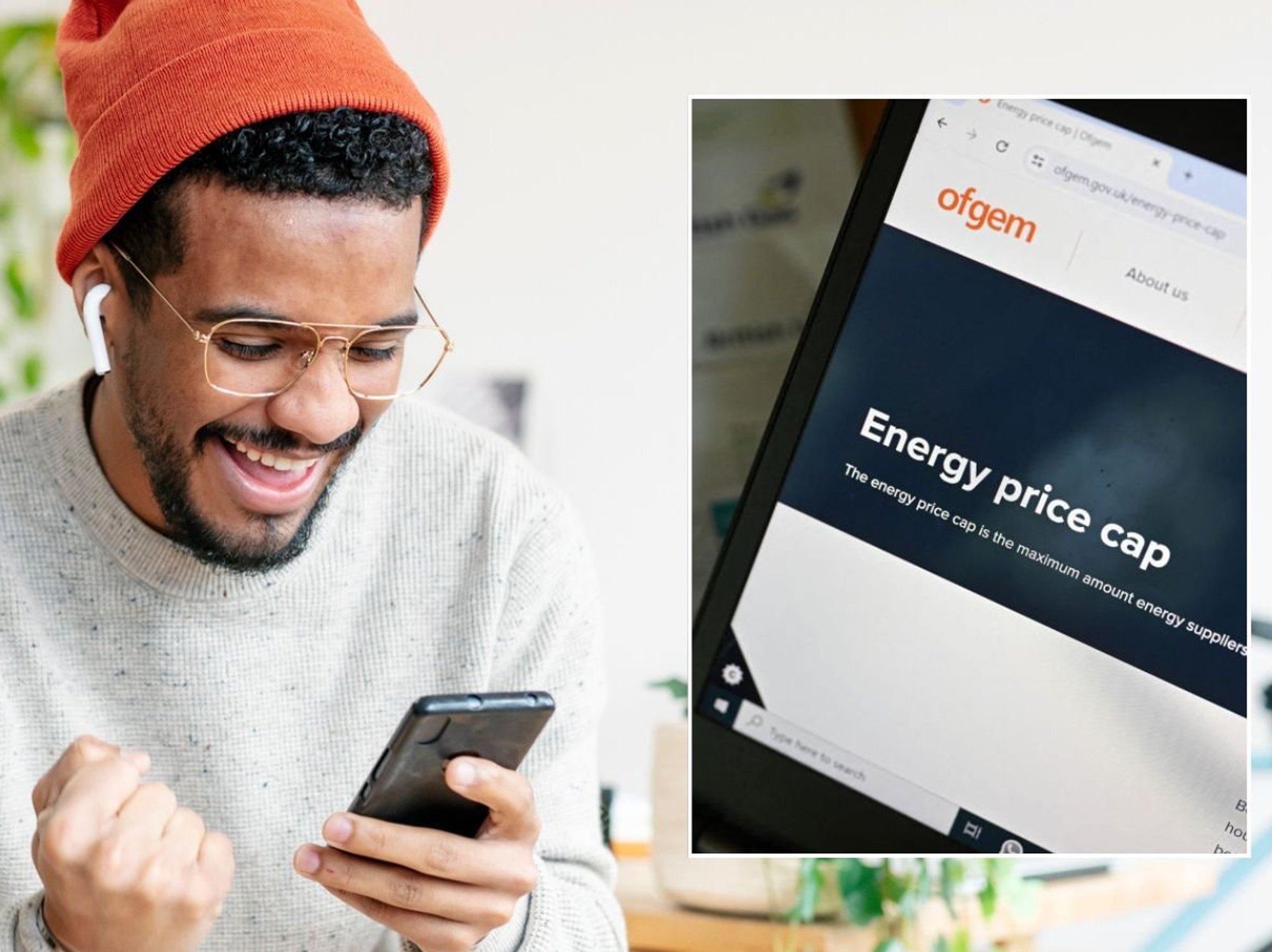 Man on phone and Ofgem price cap
