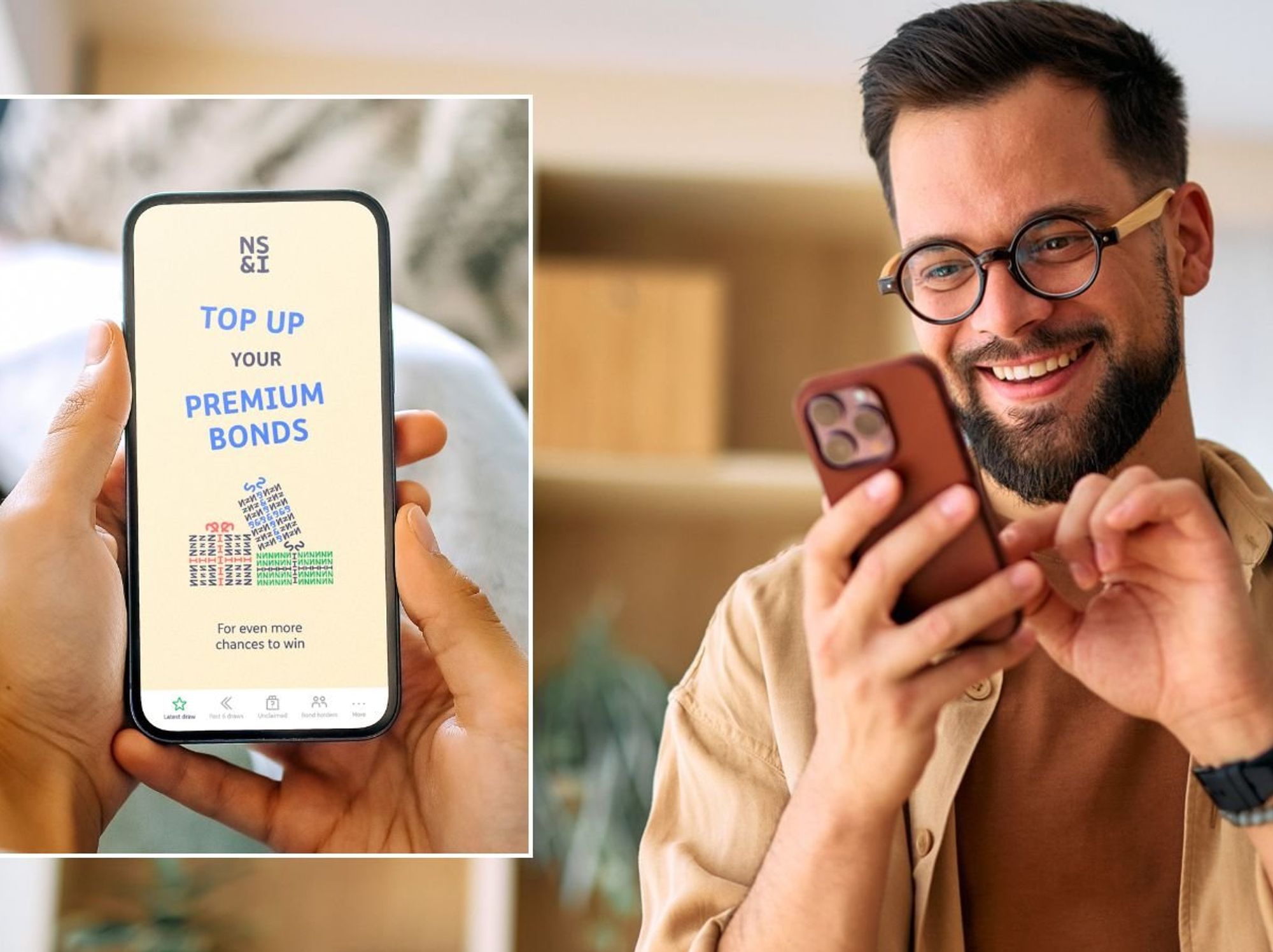 Man on phone and Premium Bonds prize checker