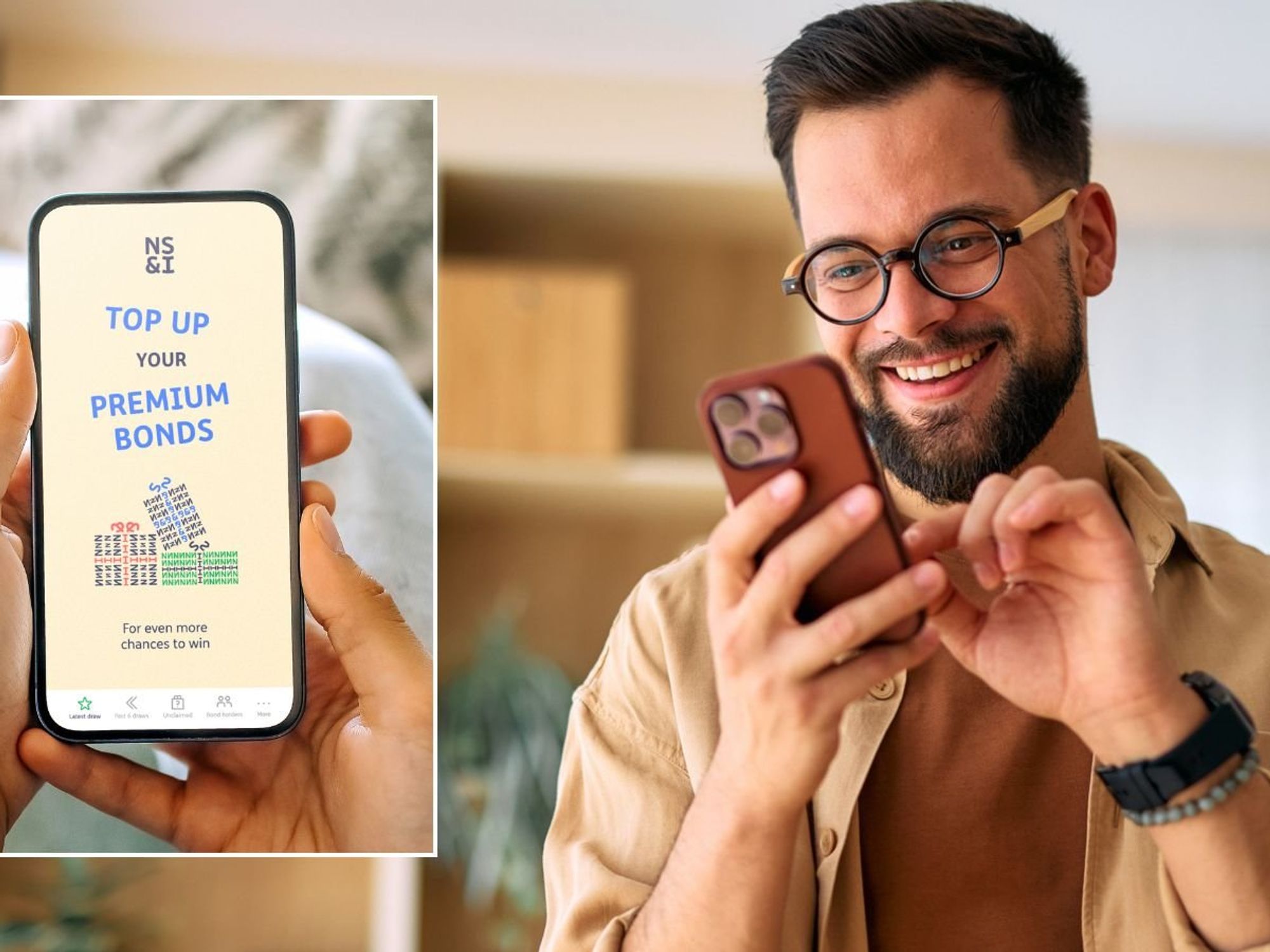 Man on phone and Premium Bonds prize checker