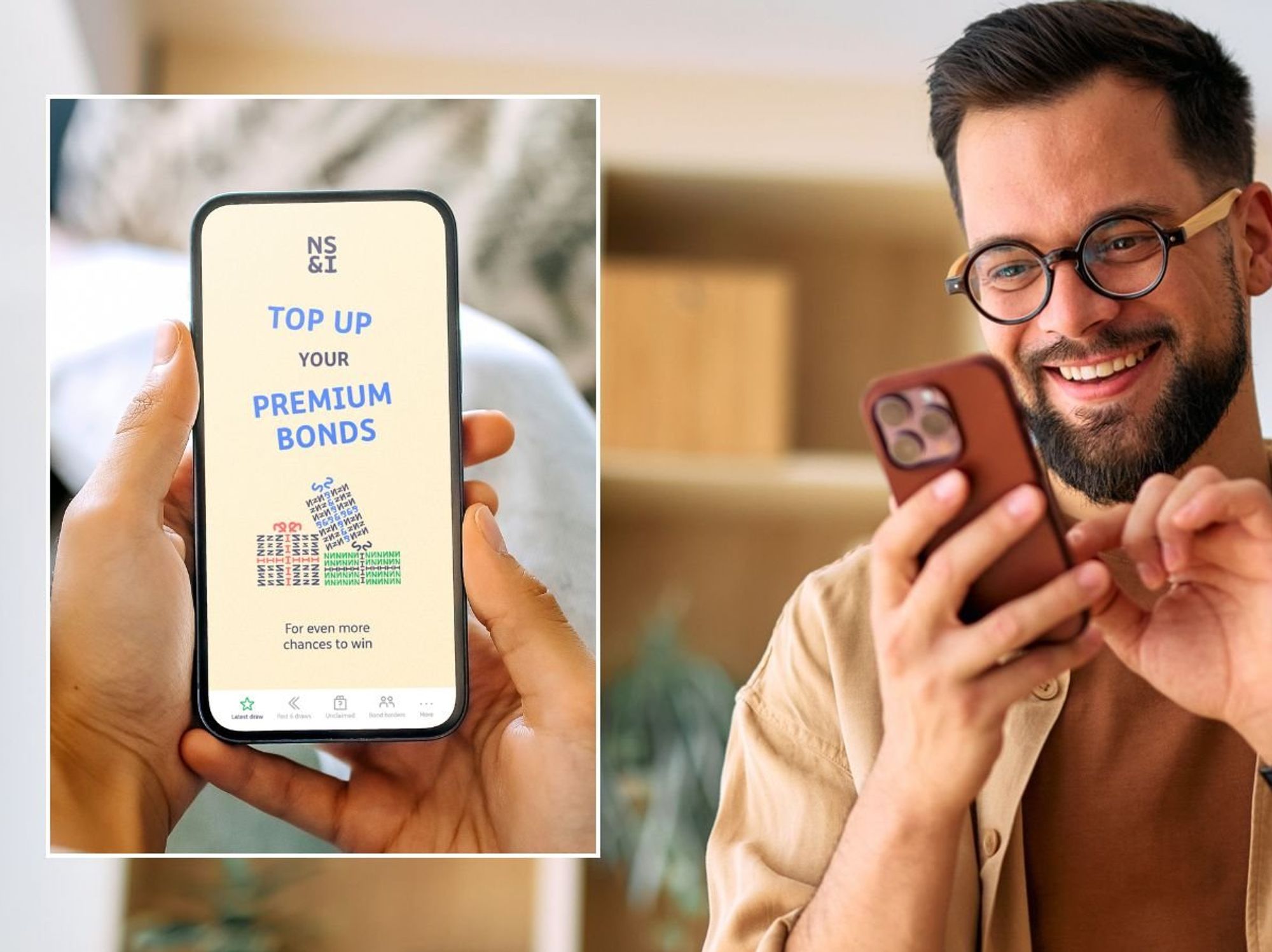 Man on phone and Premium Bonds prize checker