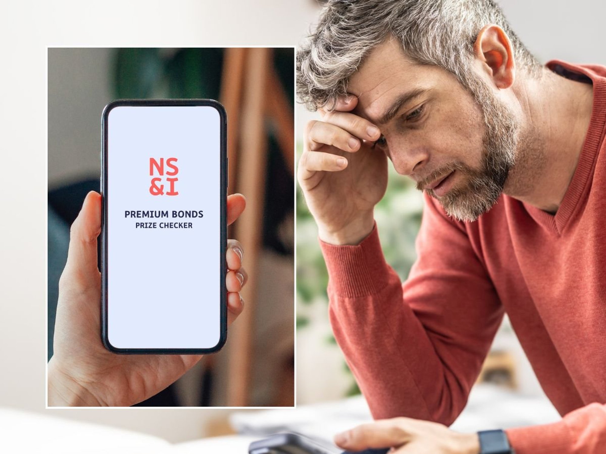 Man on phone and Premium Bonds prize checker