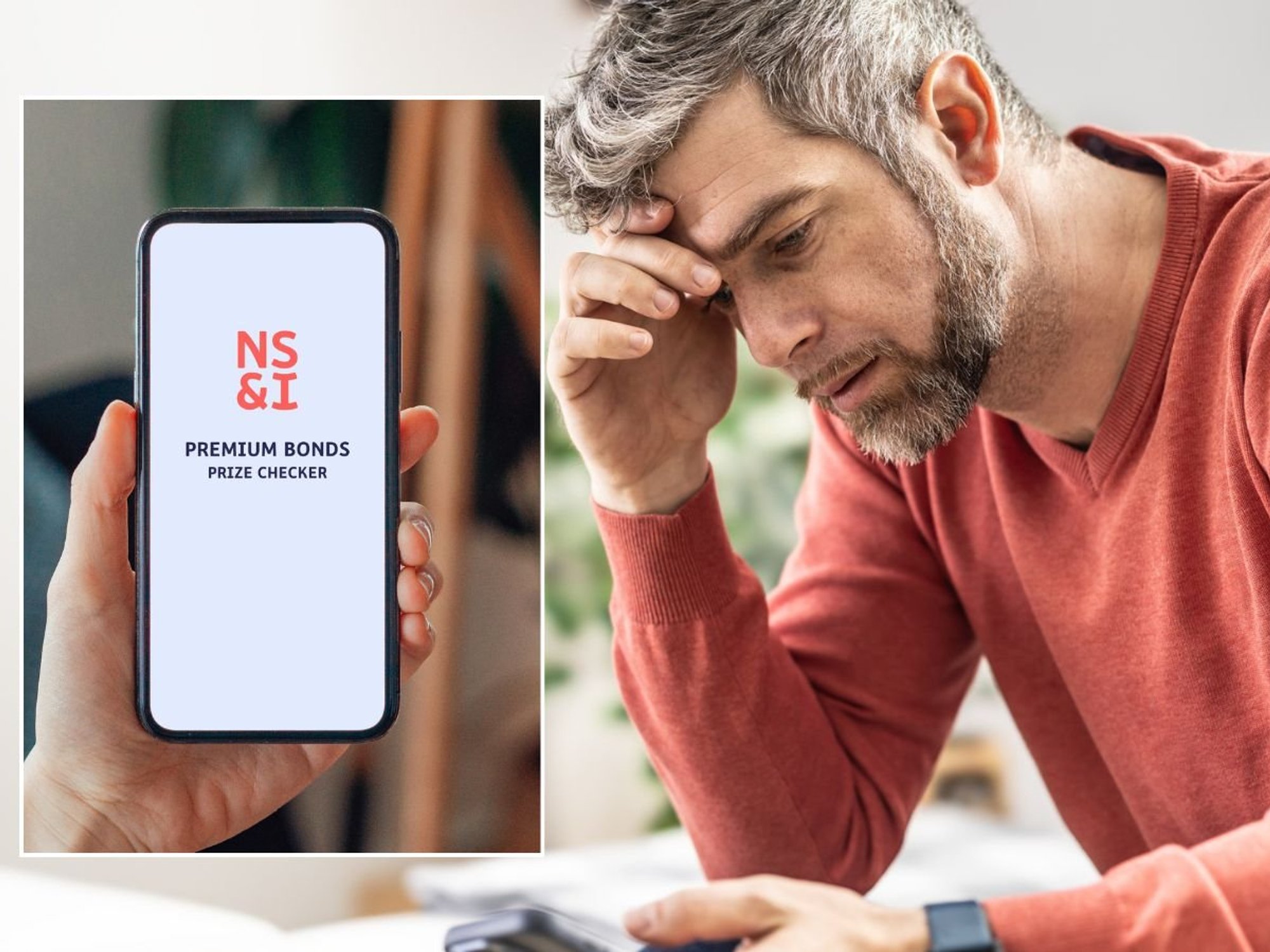 Man on phone and Premium Bonds prize checker