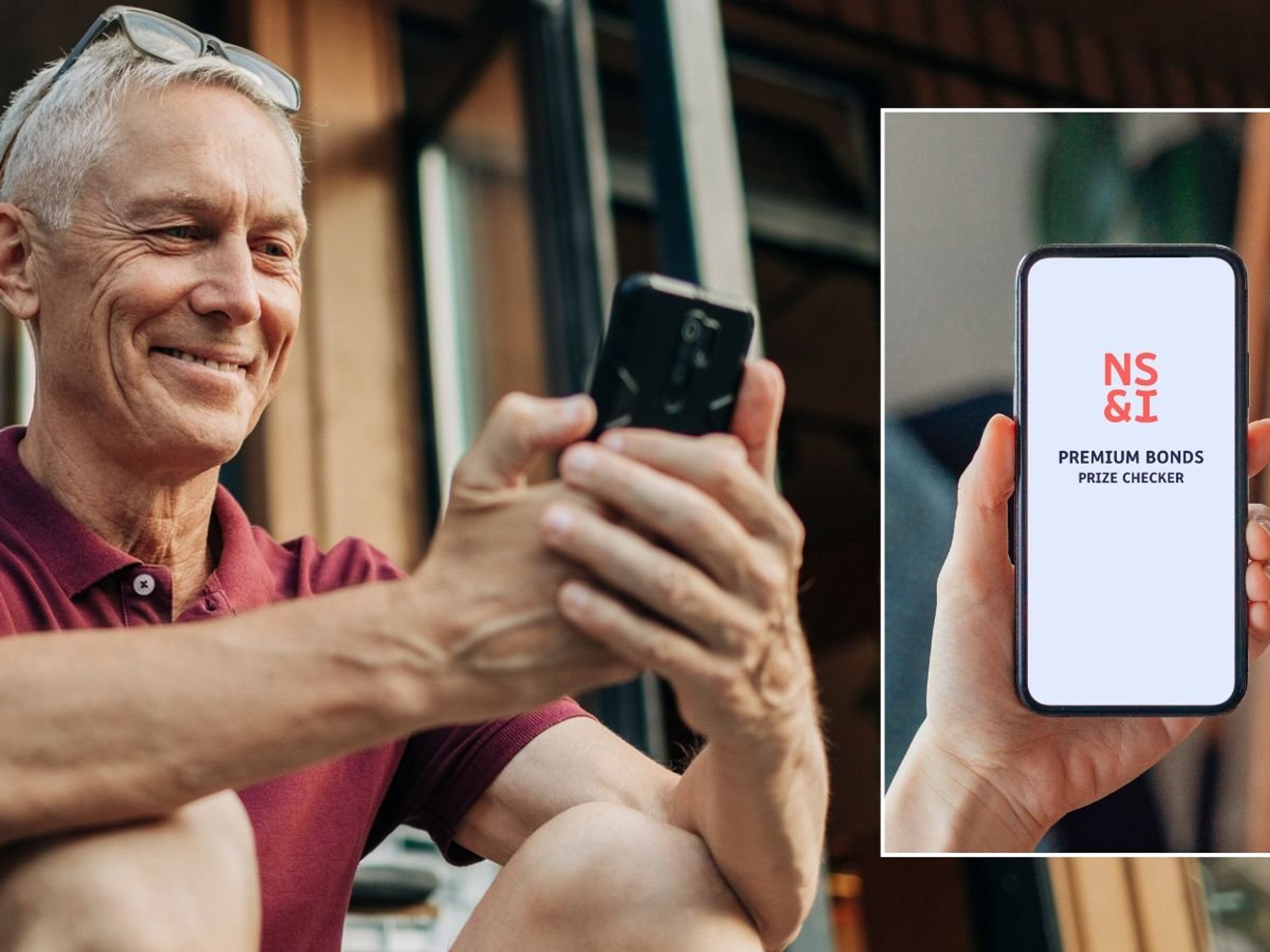 Man on phone and Premium Bonds prize checker