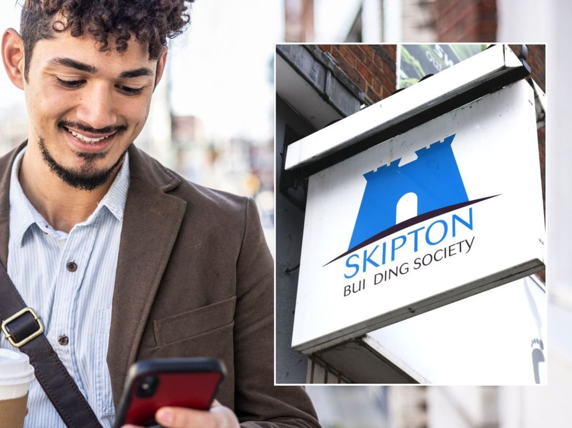 Man on phone and Skipton Building Society sign