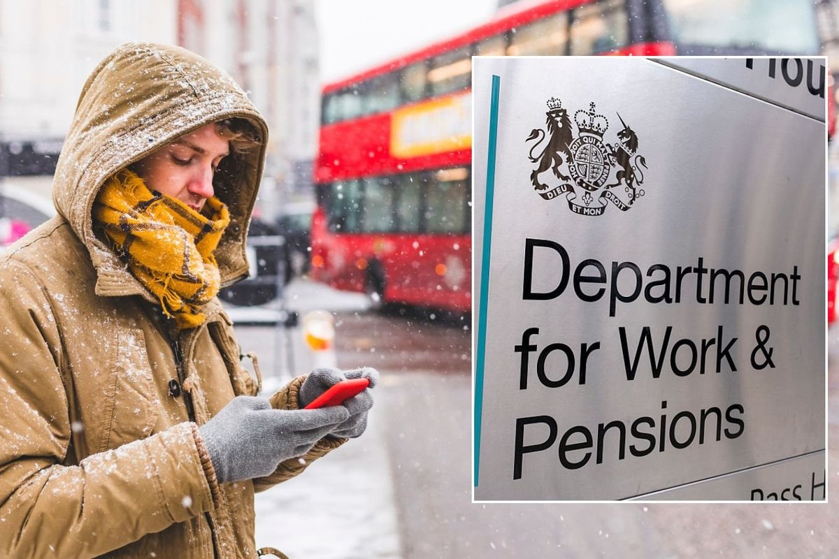 Man on phone in cold weather and DWP sign