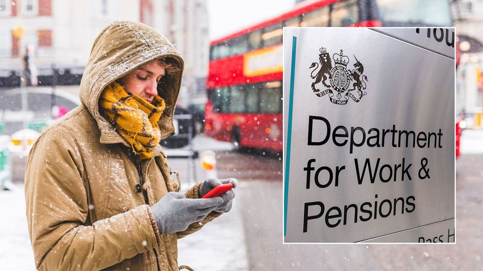 Man on phone in cold weather and DWP sign
