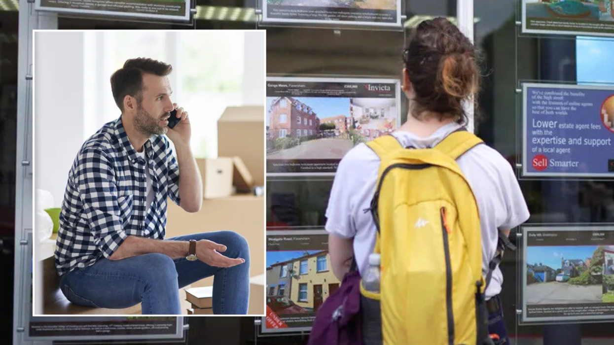 Man on phone with boxes / woman looking at estate agent window