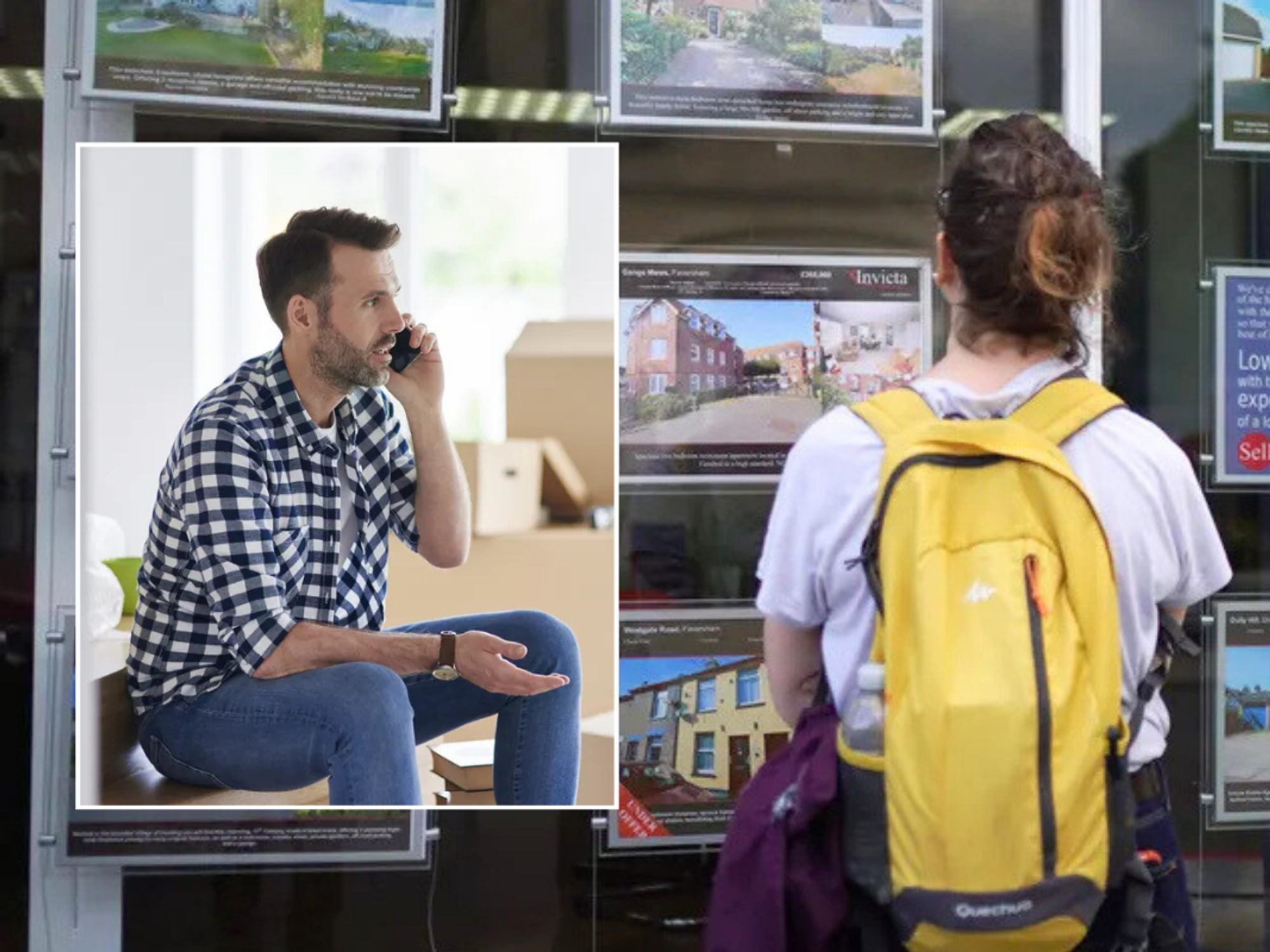 Man on phone with boxes / woman looking at estate agent window