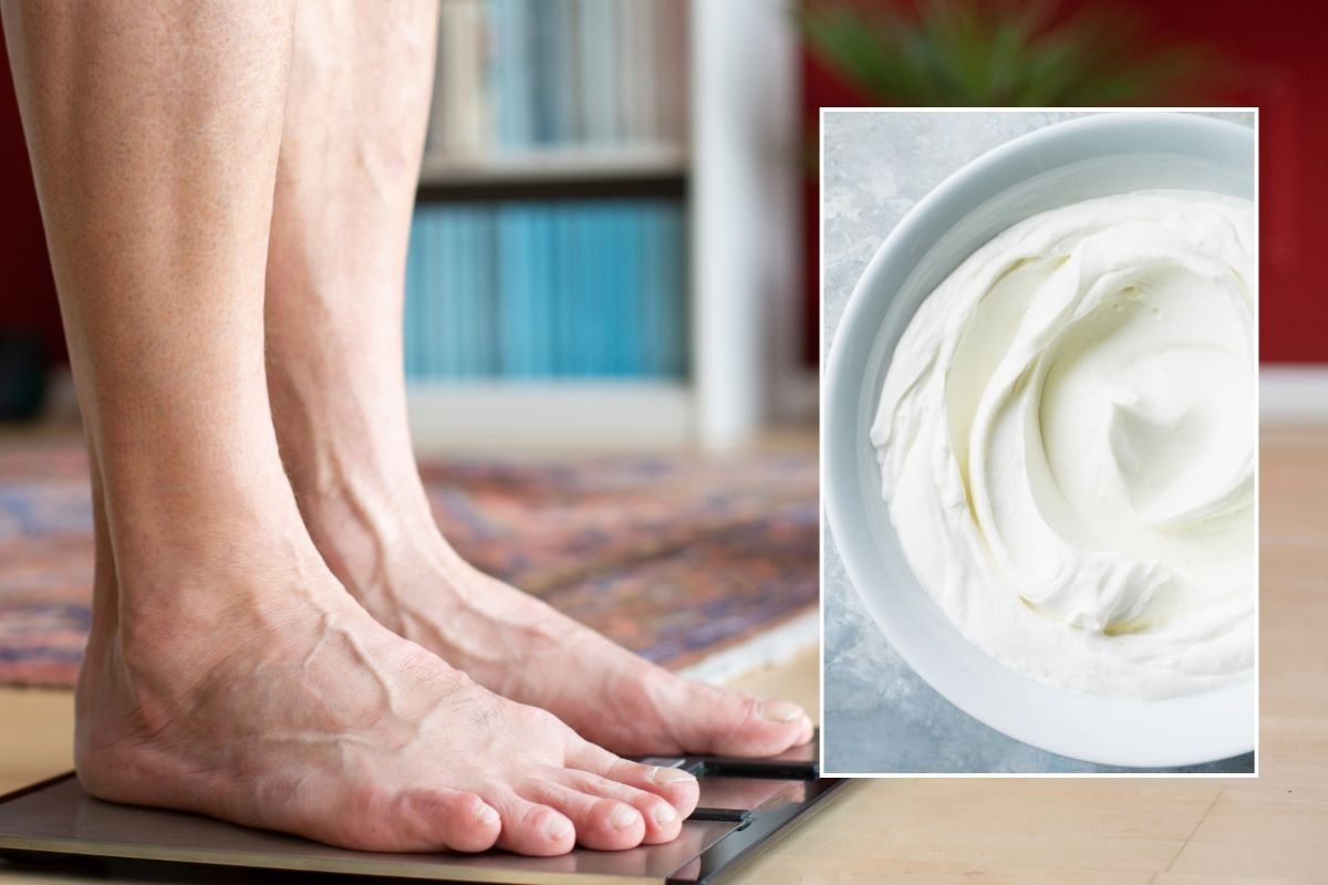 Man on scales and Greek yoghurt bowl