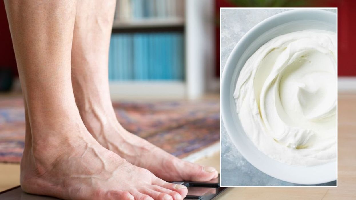 Man on scales and Greek yoghurt bowl