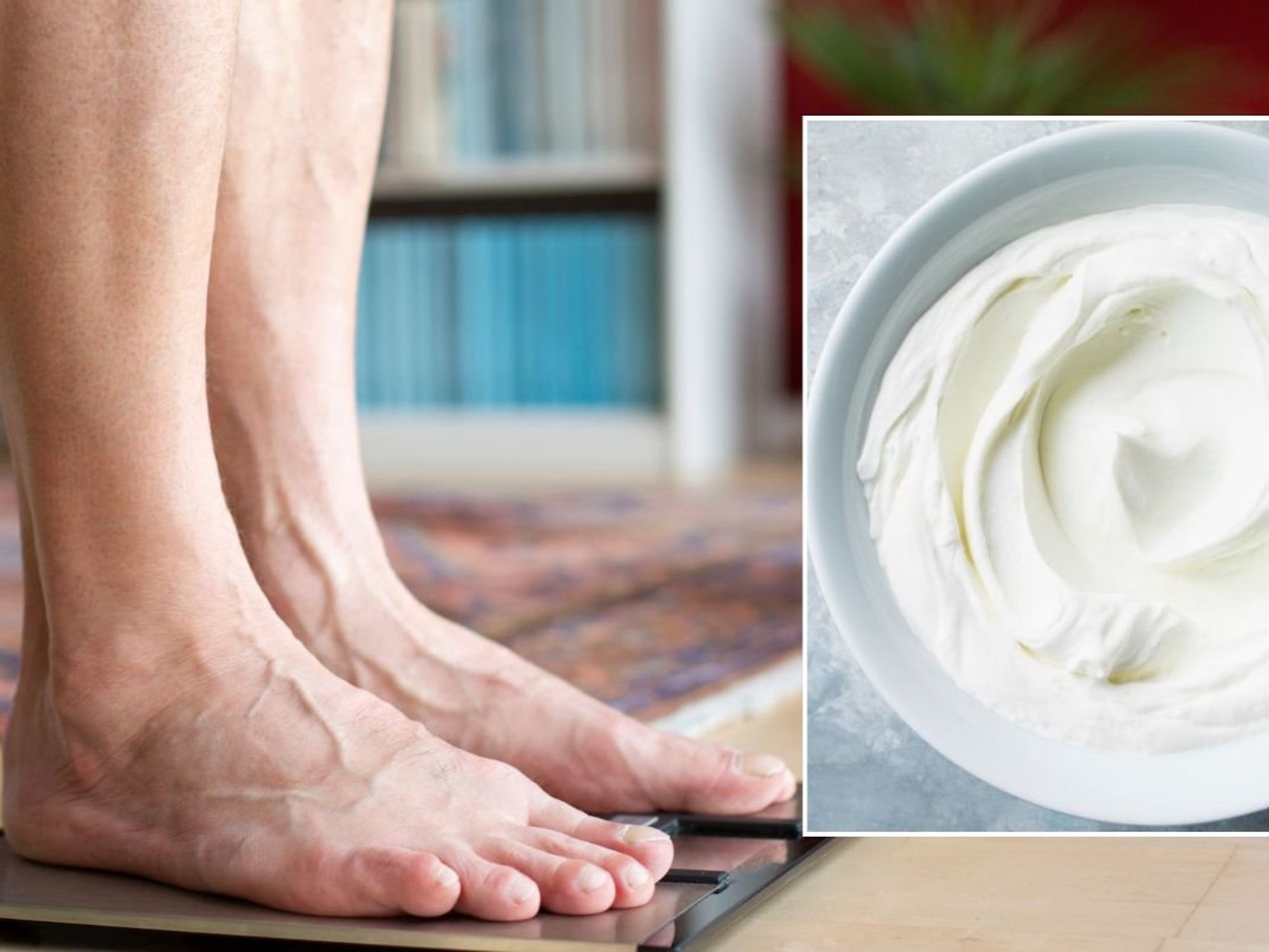 Man on scales and Greek yoghurt bowl