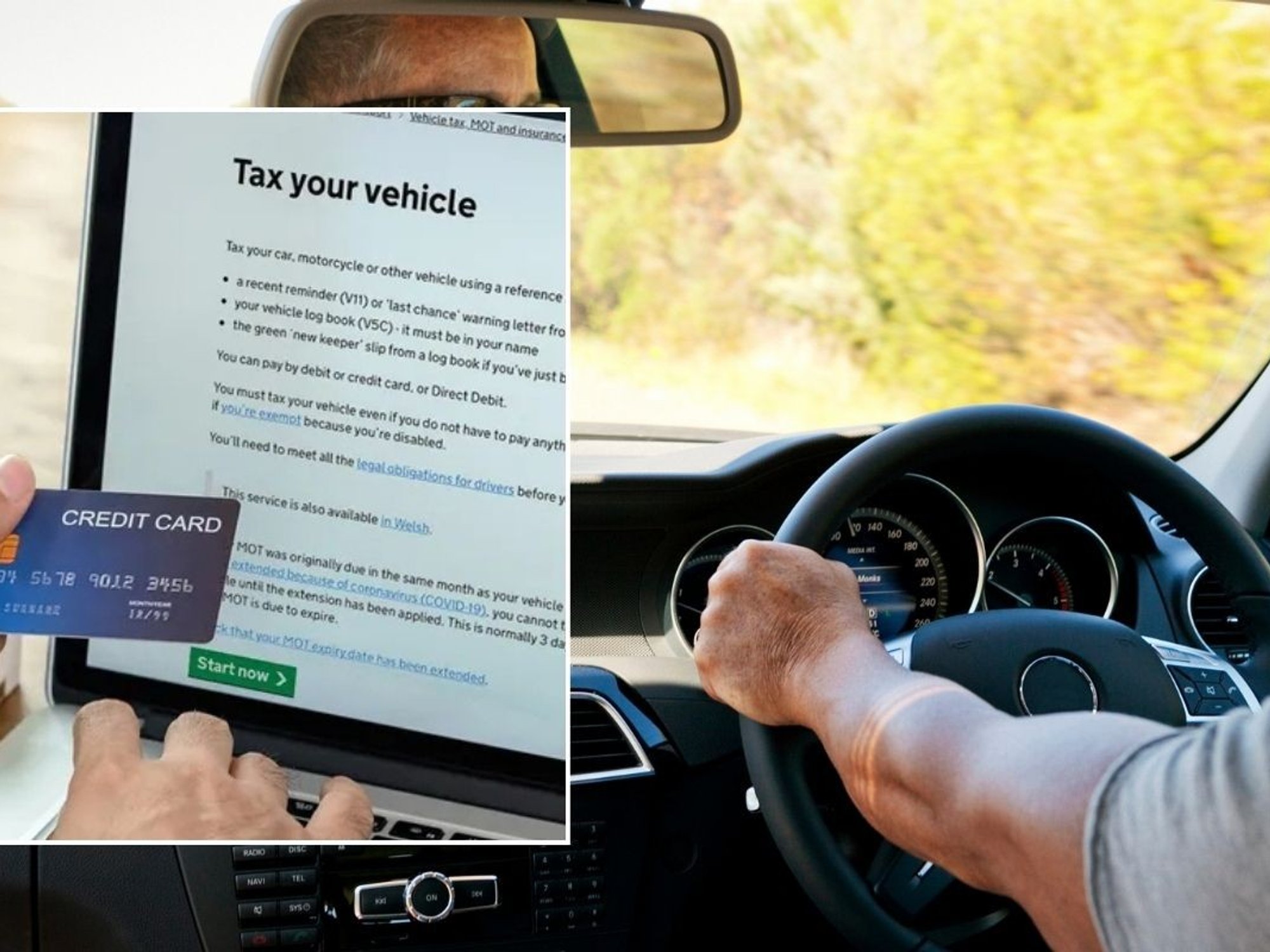 Man paying for vehicle tax and a man driving a car