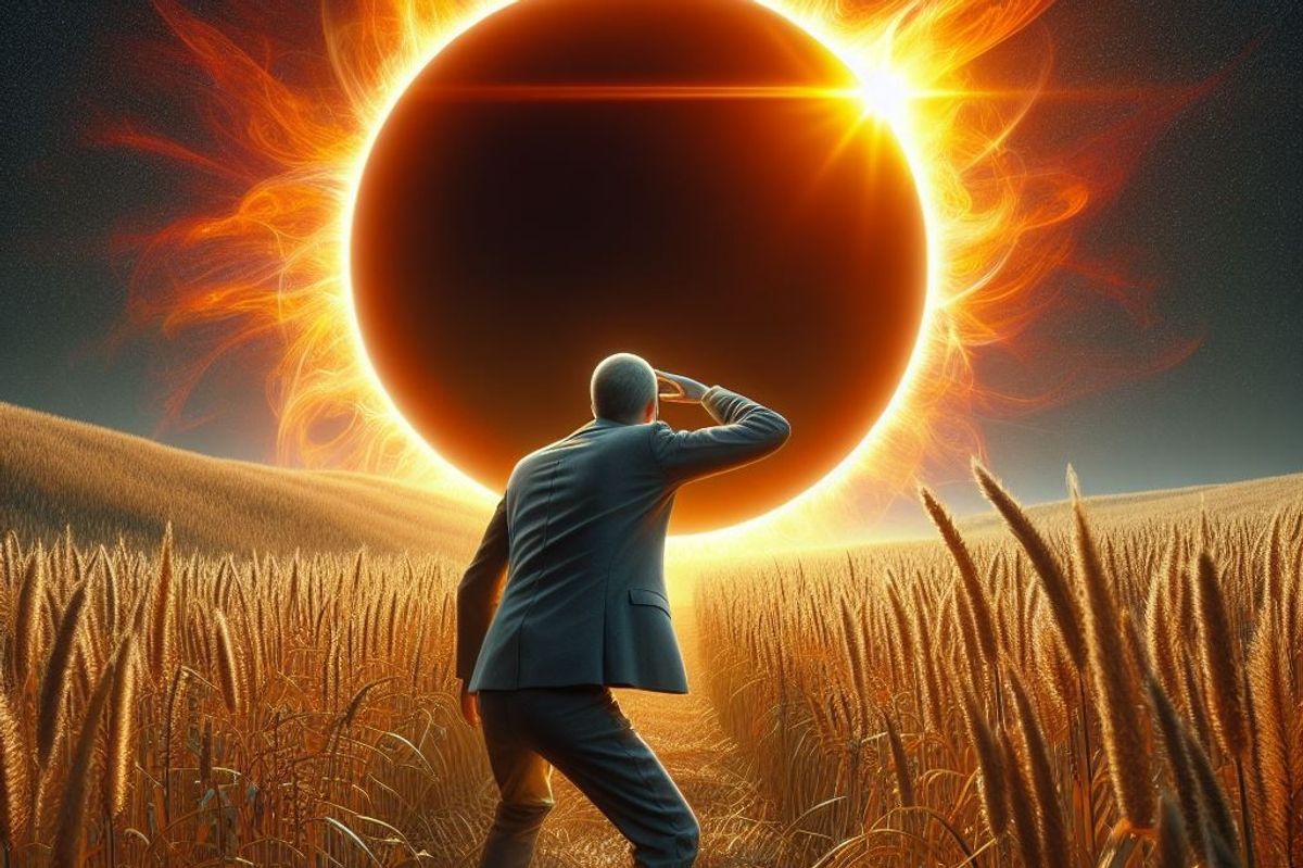 Man peering up at a solar eclipse 