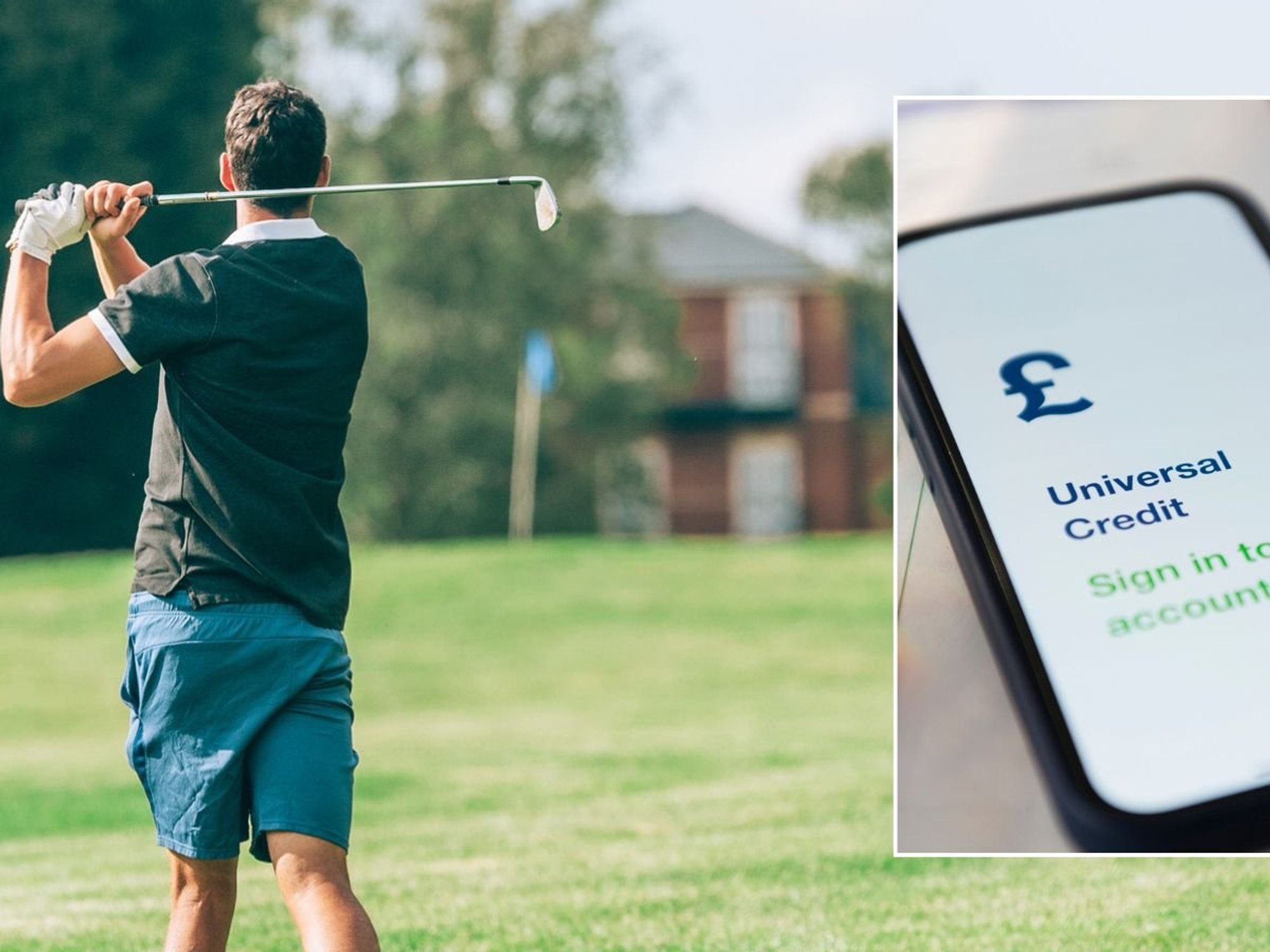 Man playing golf and Universal Credit account on phone