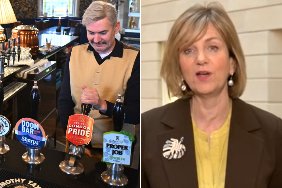 Man pouring pints in a pub (file photo); Lilian Greenwood