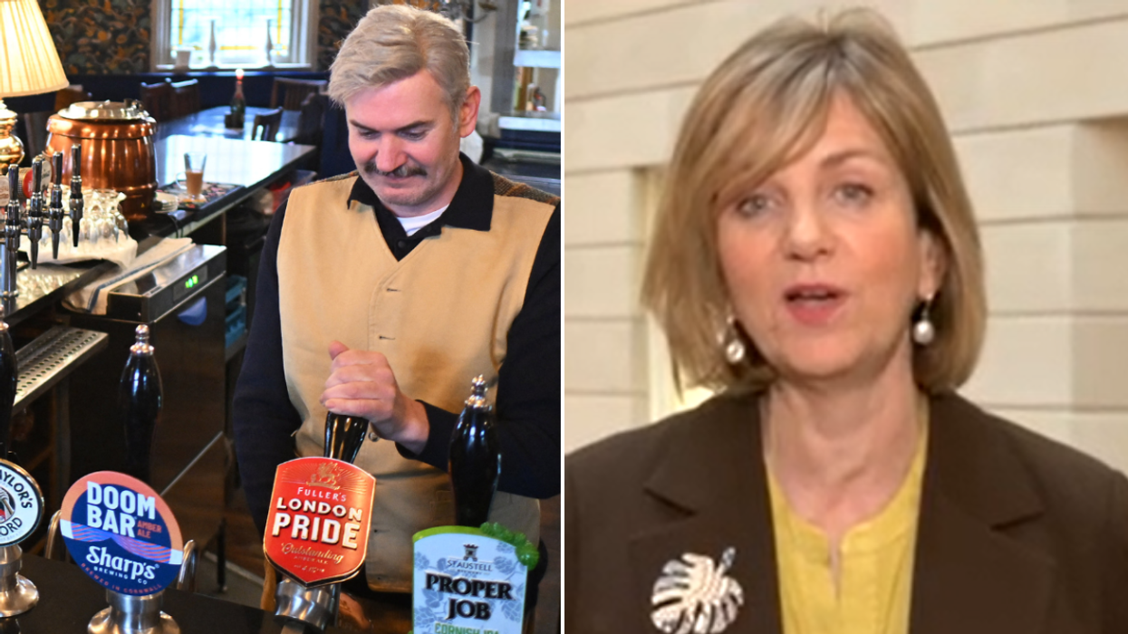Man pouring pints in a pub (file photo); Lilian Greenwood