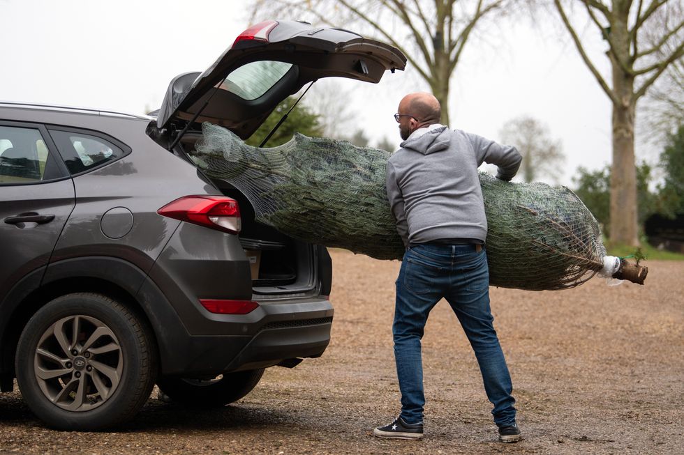 Man putting a Christmas tree in his car