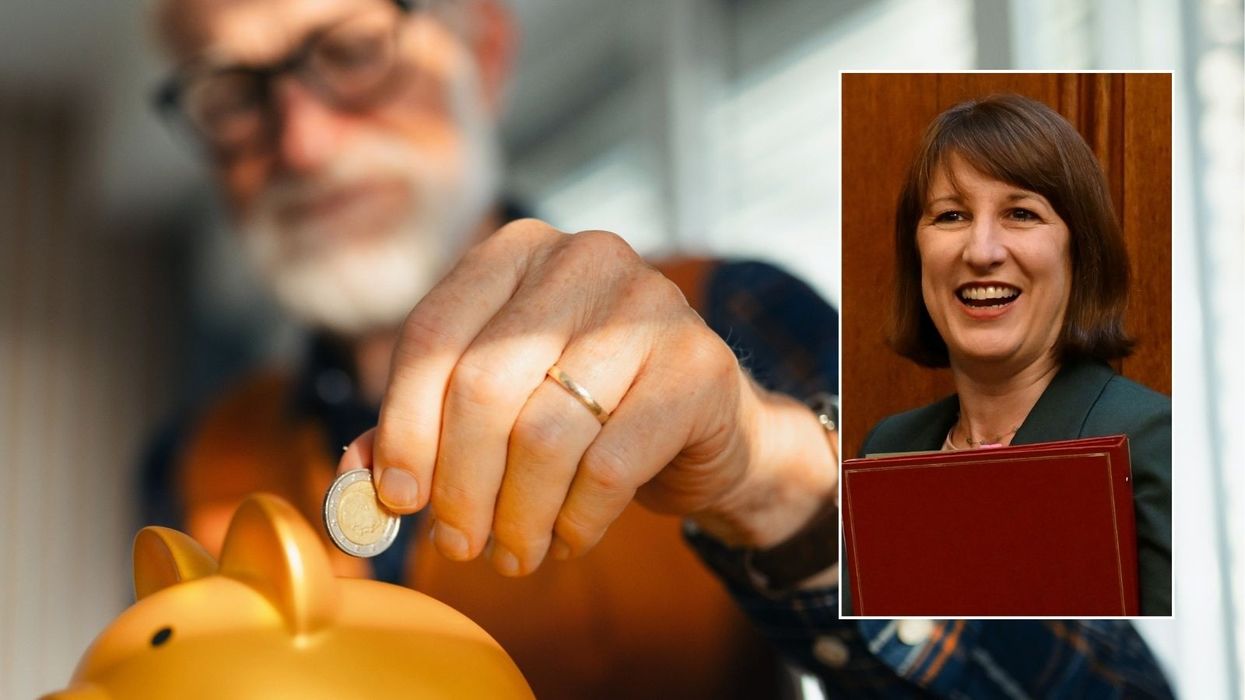 Man putting money in a piggy bank and Rachel Reeves