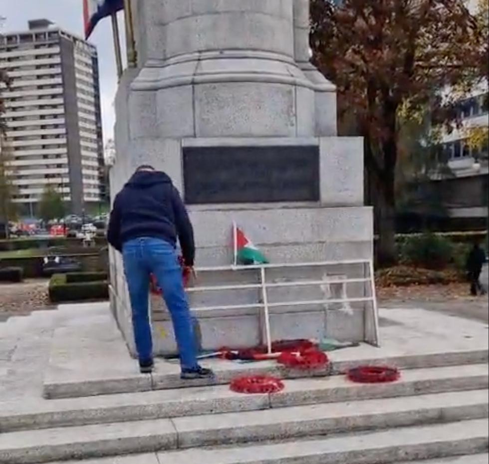 Man removing Palestinian flags as tensions grow over pro-Palestine protest on Remembrance Day