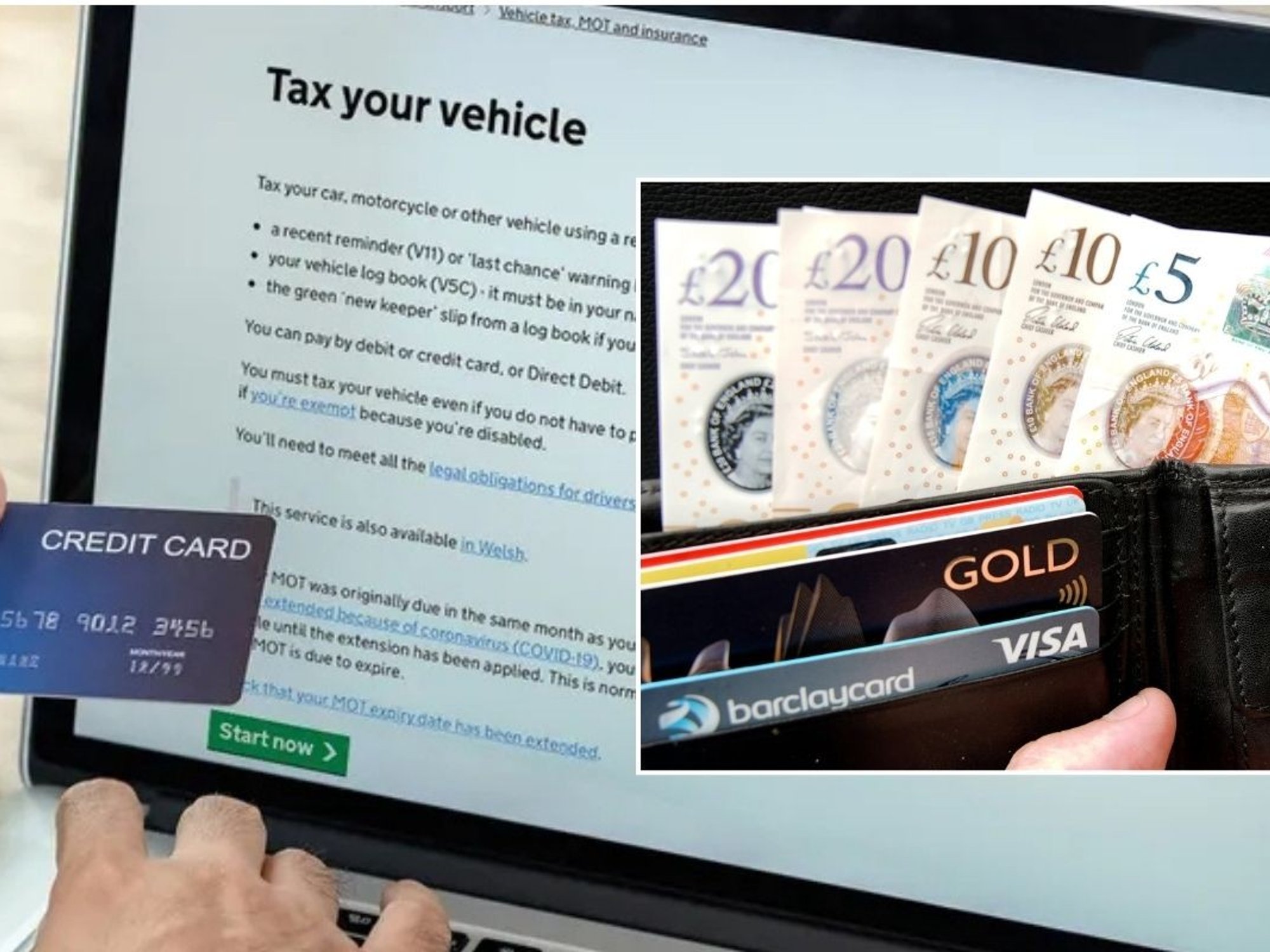 Man renewing car tax and a wallet of cash