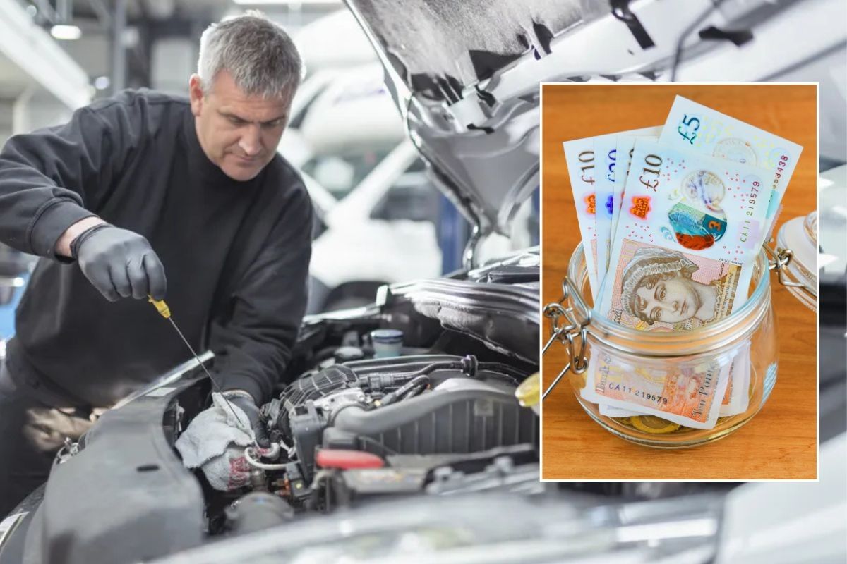 Man repairing a car and a pot of British money