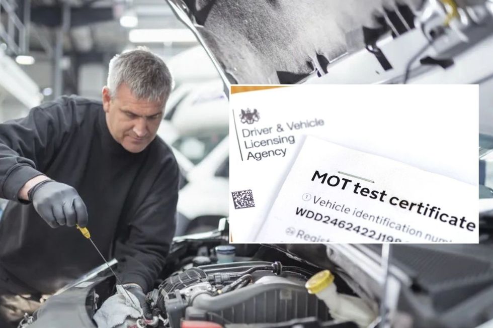 Man servicing a vehicle and an MOT test certificate from the DVLA