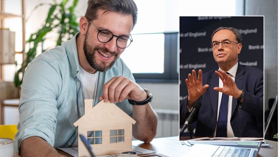 Man signing mortgage deal and Bank of England governor Andrew Bailey