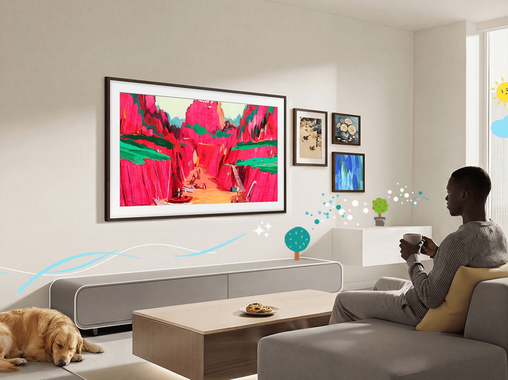 Man sitting with a cup of tea on the sofa watching artwork on the frame tv from samsung