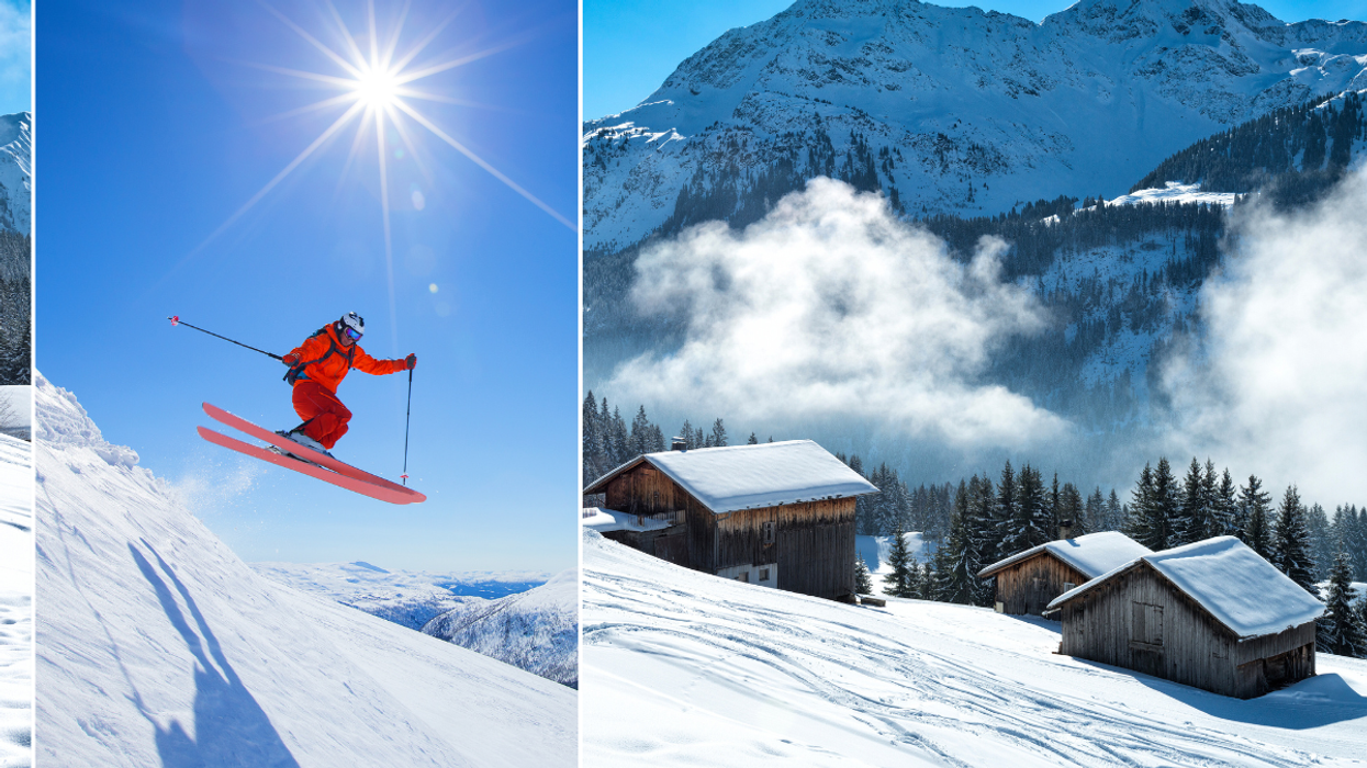 Man skiing / lodges and slopes