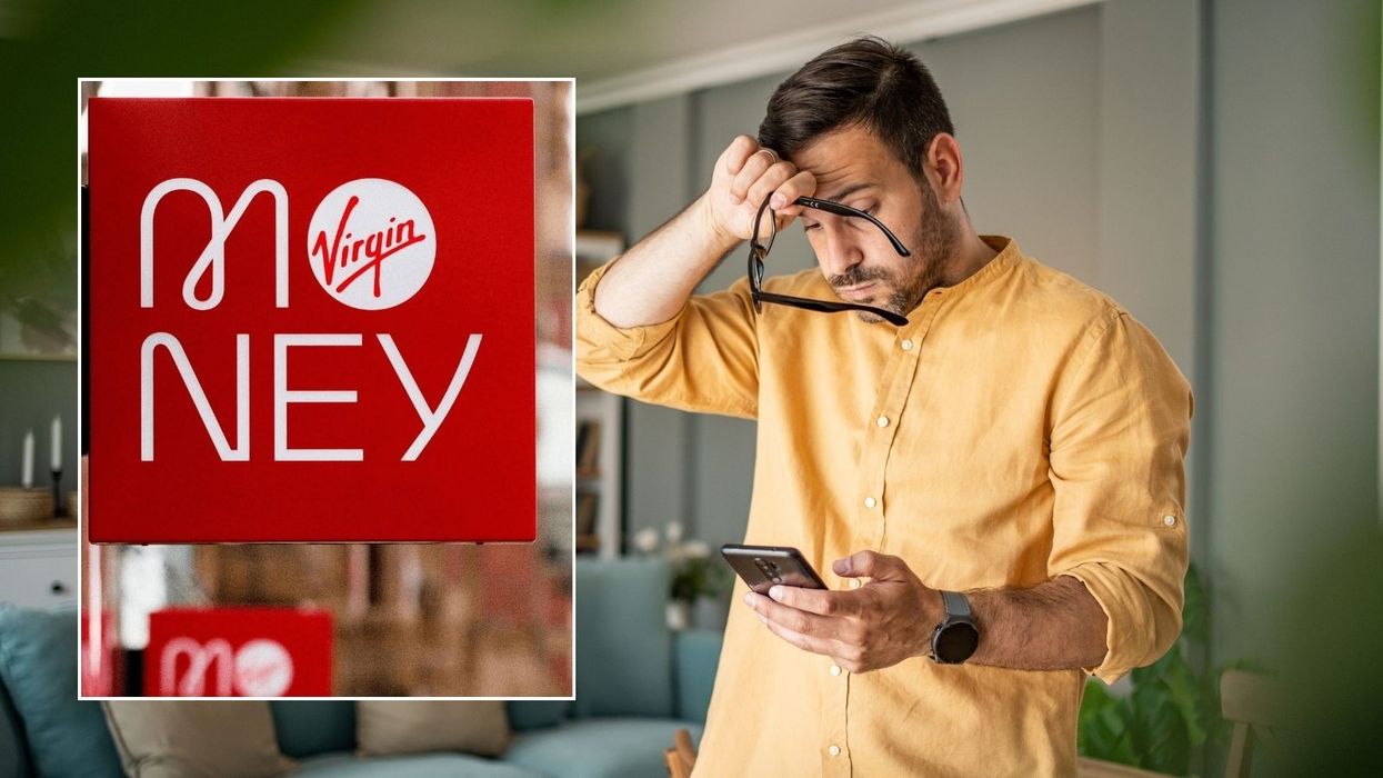 Man stressed and Virgin Money sign