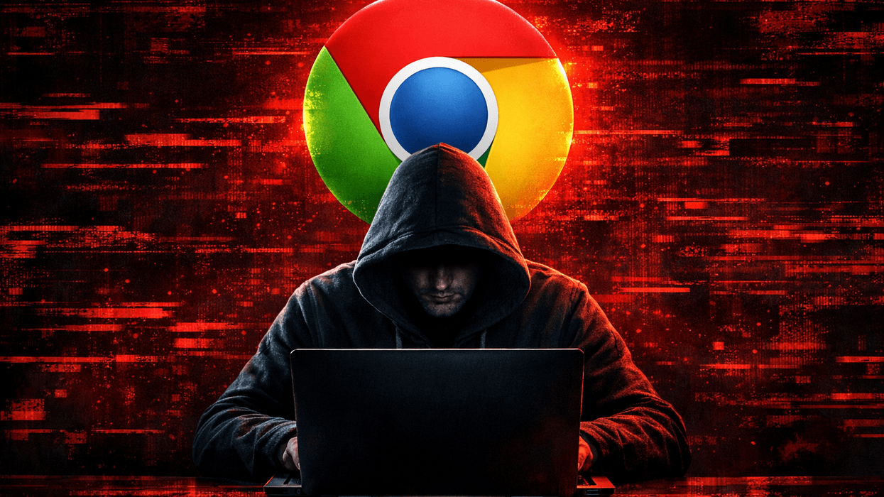 Man typing on laptop with Google Chrome logo and red glitch in background