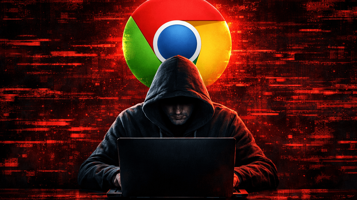 Man typing on laptop with Google Chrome logo and red glitch in background