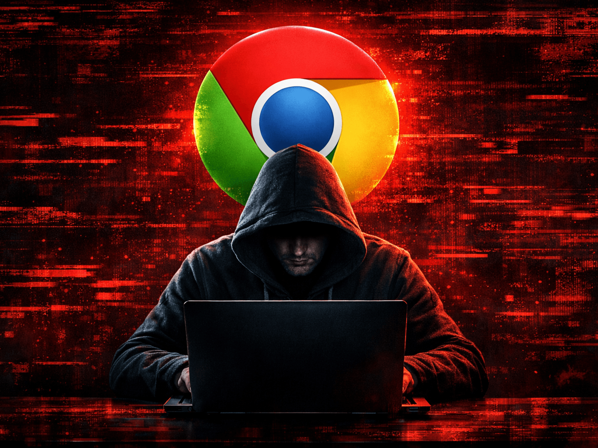 Man typing on laptop with Google Chrome logo and red glitch in background