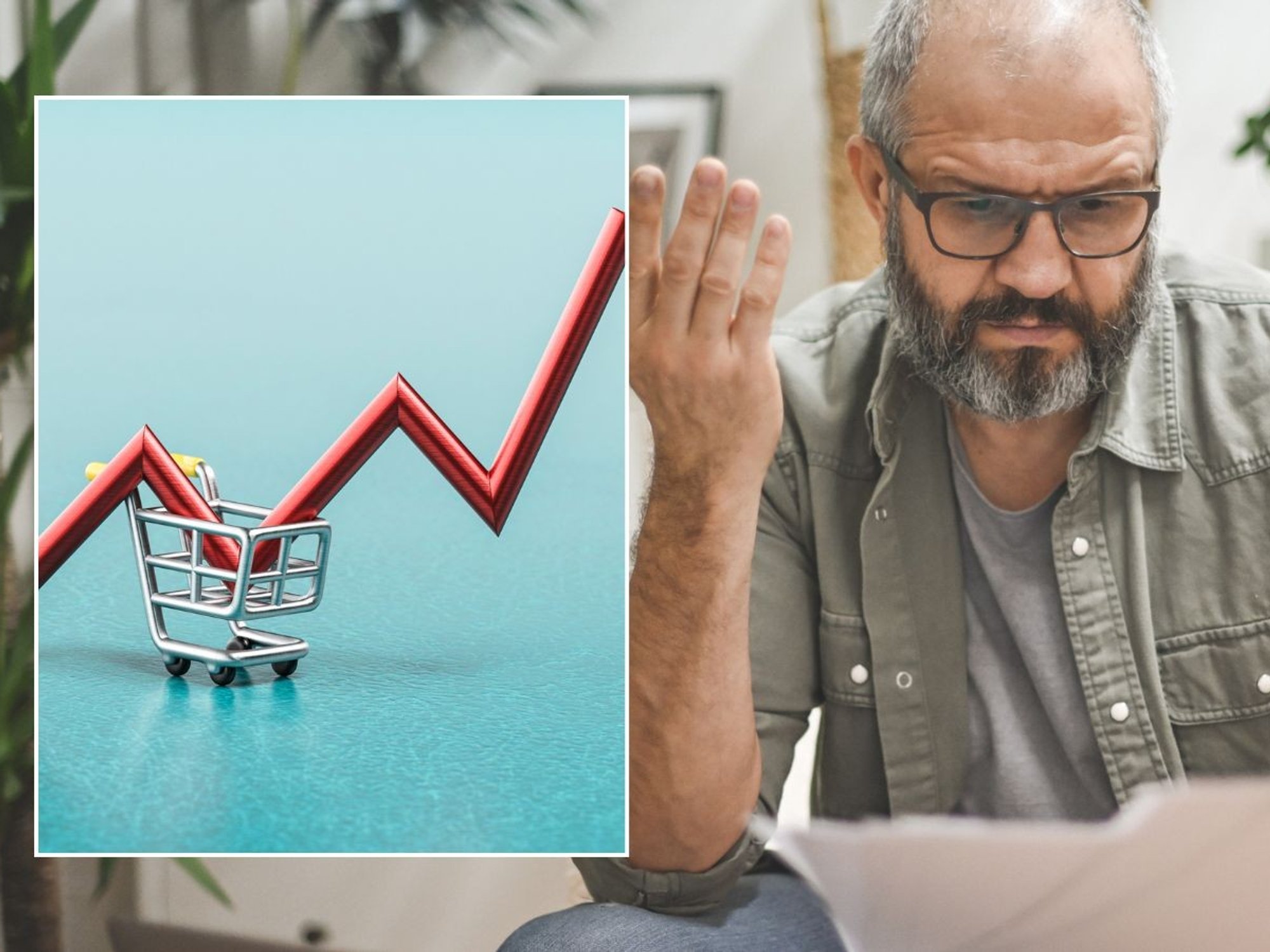 Man unhappy looking at payslip and inflation graph pointing up