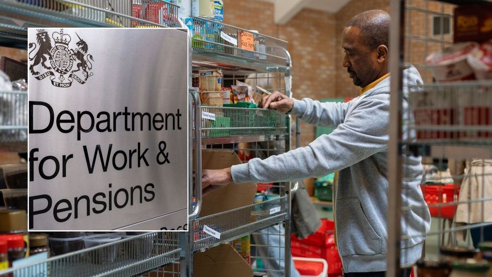 Man using a food bank and DWP logo