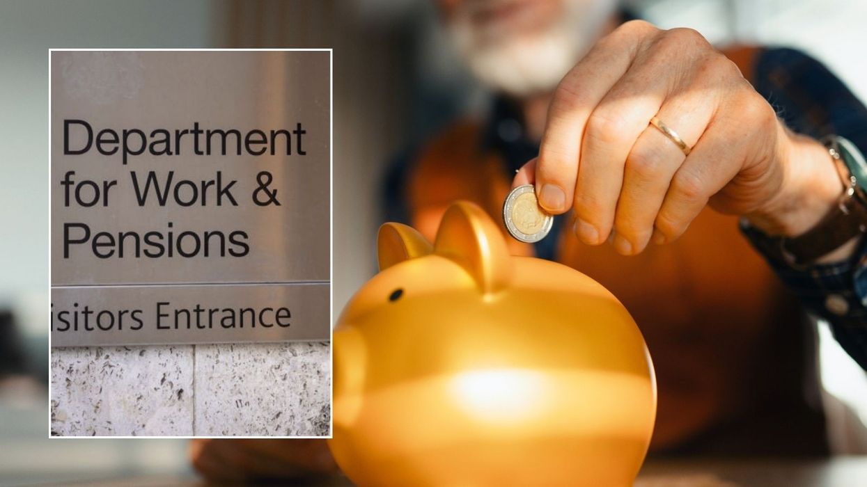 Man using piggy bank and DWP logo