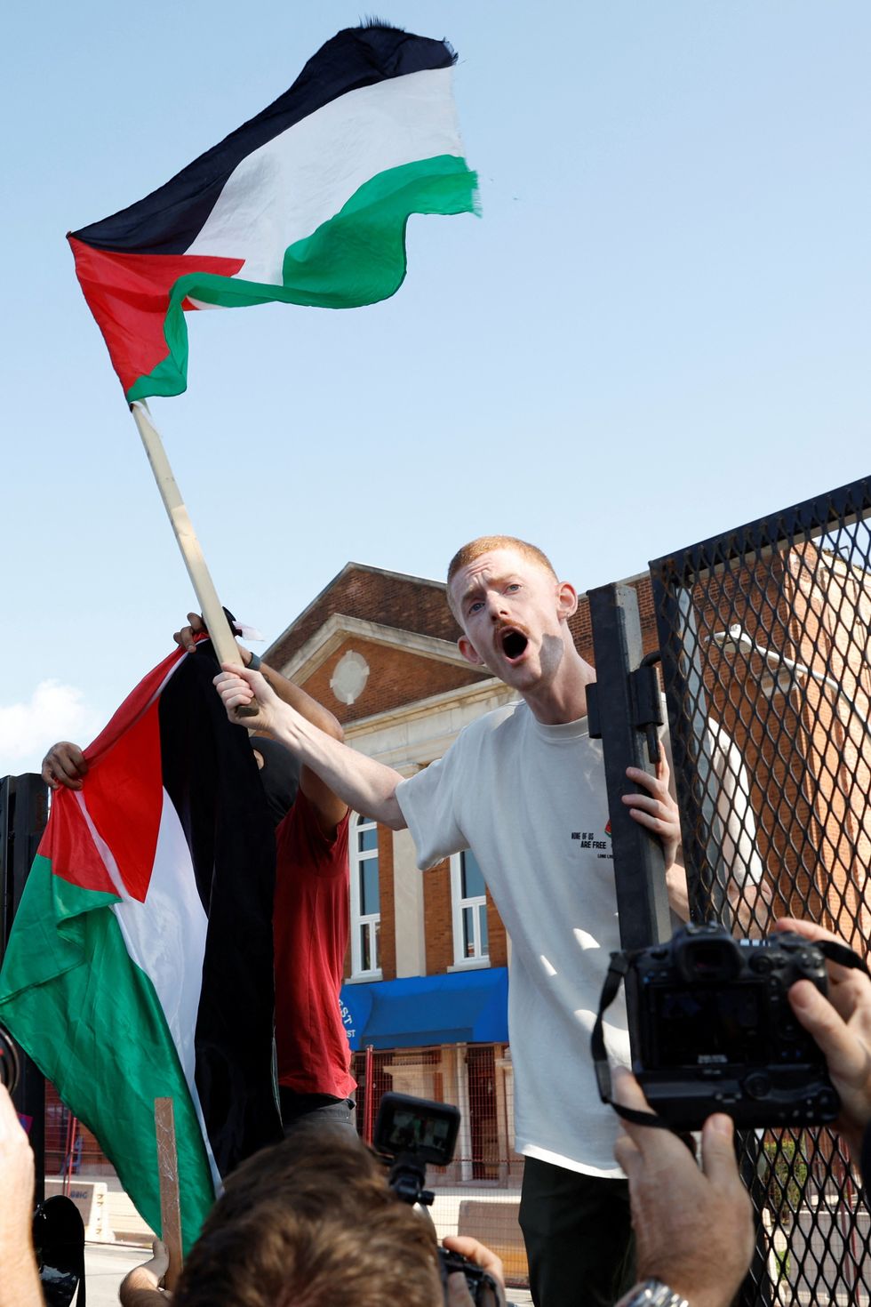 Man waves Palestinian flag outside Democratic National Convention