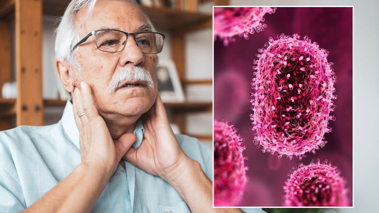 man with sore throat and Adenovirus illustration