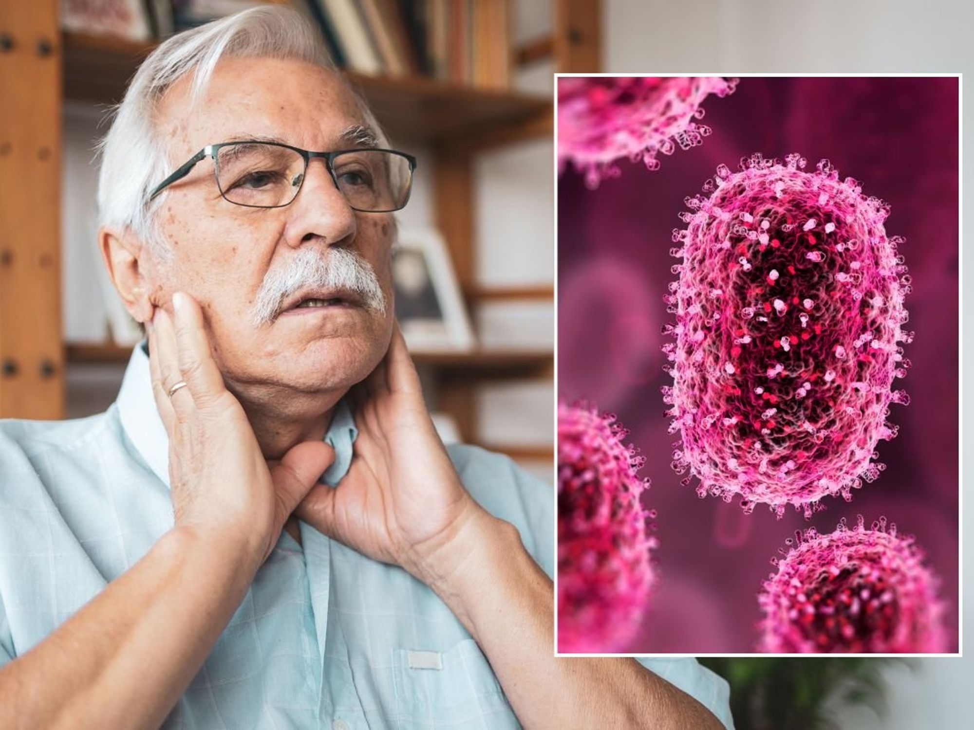 man with sore throat and Adenovirus illustration