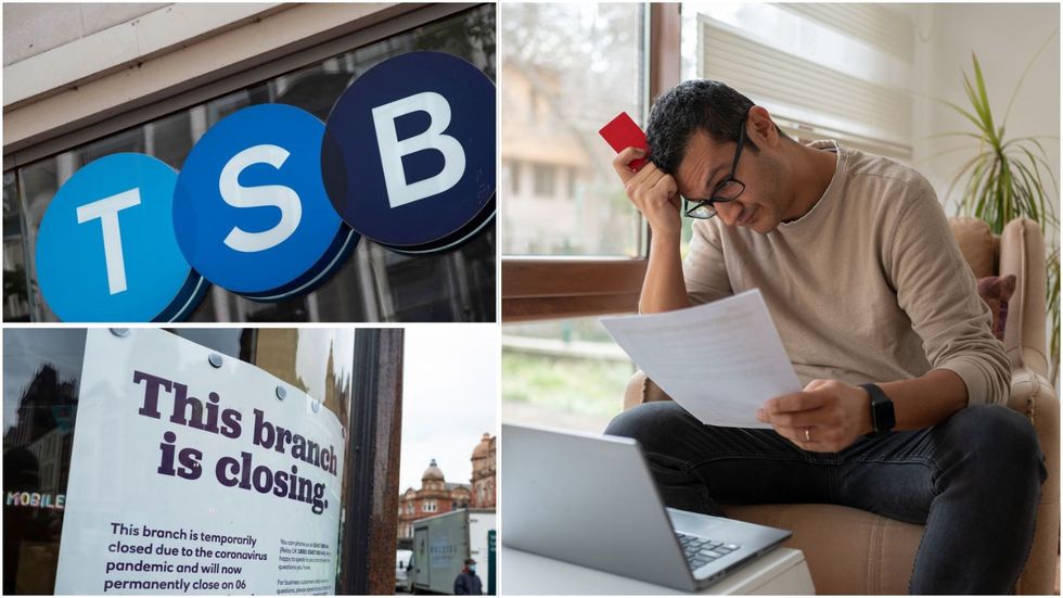 Man worried about money, TSB sign and branch closure sign