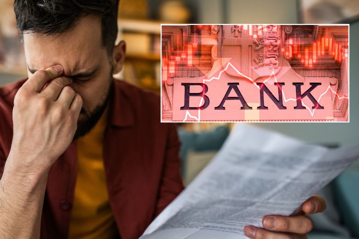 Man worried and Bank sign