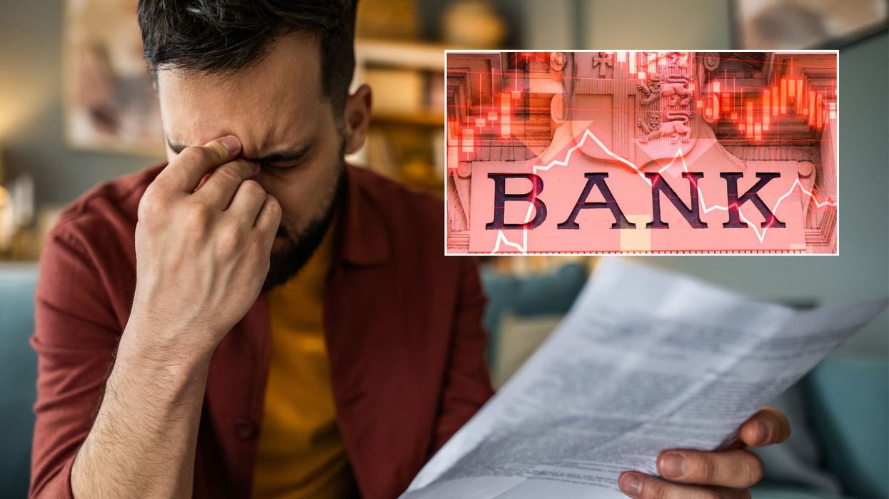 Man worried and Bank sign