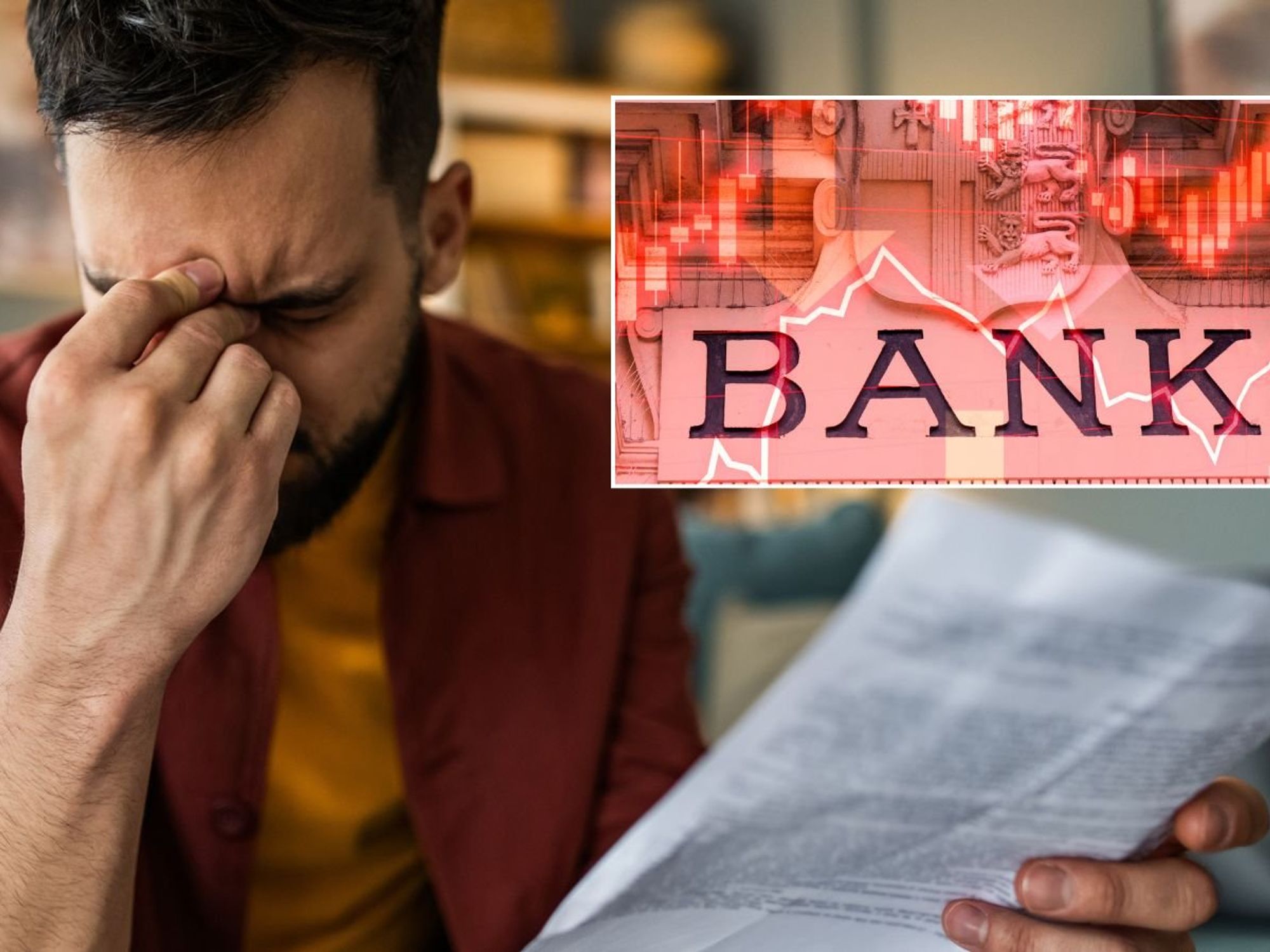 Man worried and Bank sign