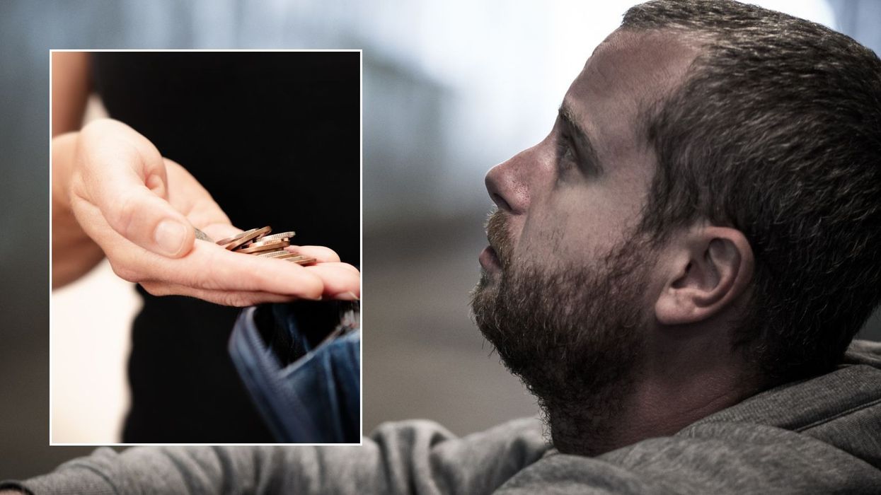 Man worried and person holding pennies
