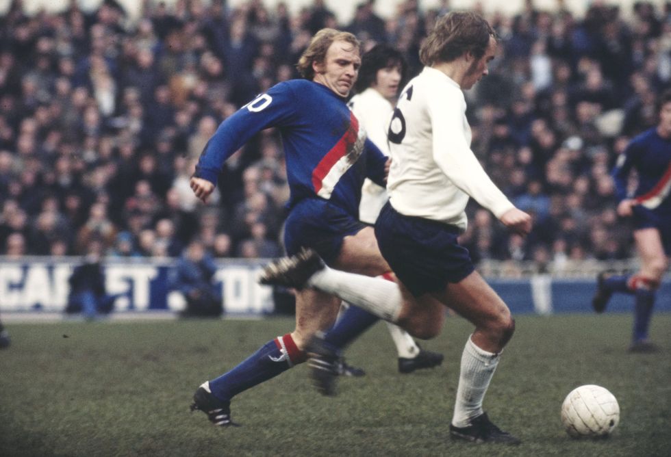 Manchester City forward Francis Lee in the City third kit challenges Phil Beal of Spurs during a First Division match at White Hart Lane