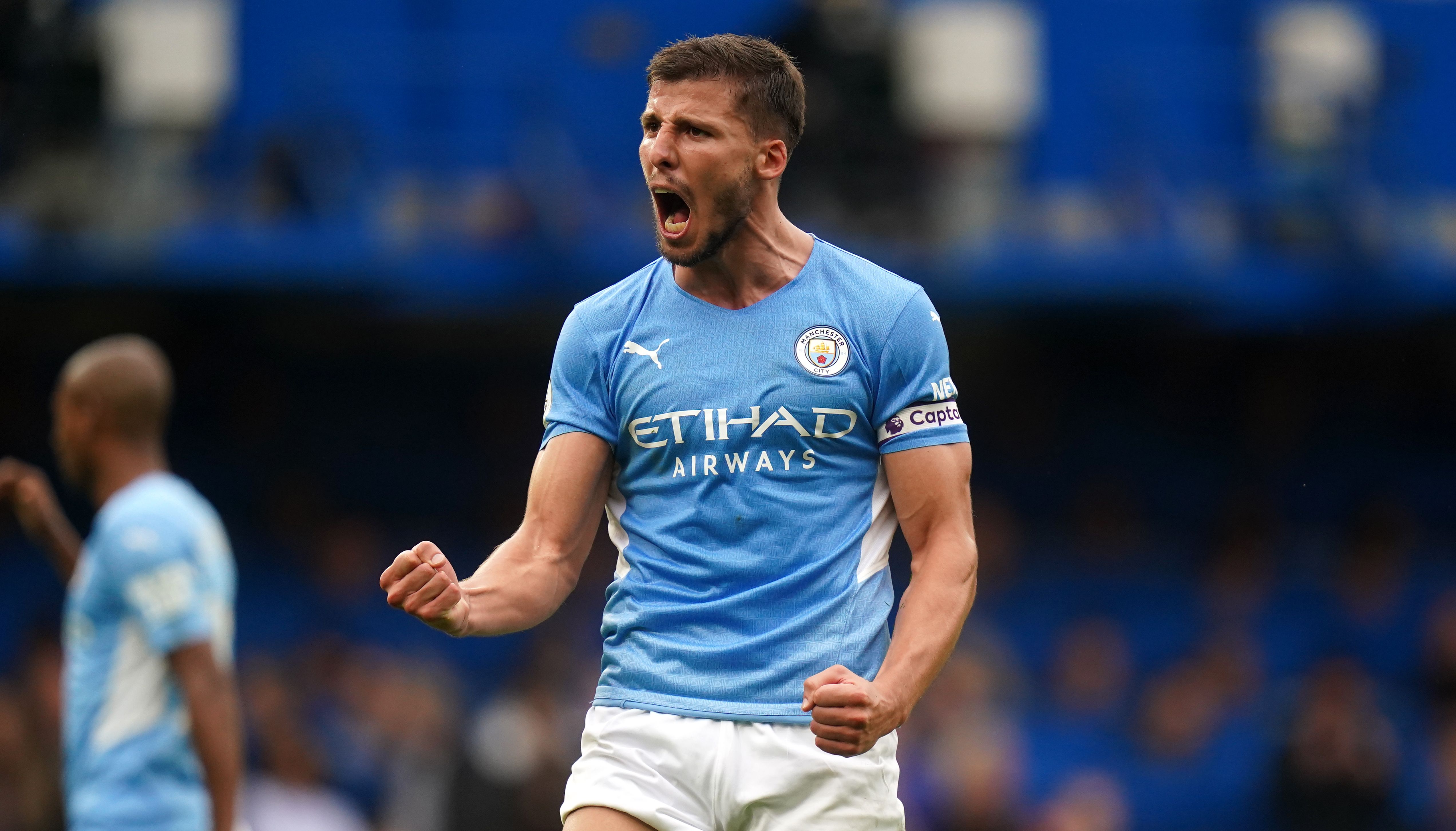 Manchester City's Ruben Dias celebrates at Stamford Bridge, London