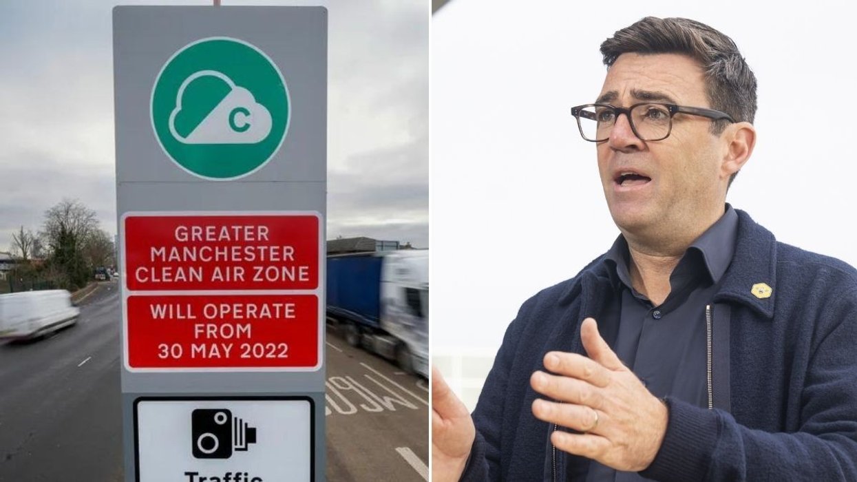 Manchester Clean Air Zone sign and Mayor Andy Burnham