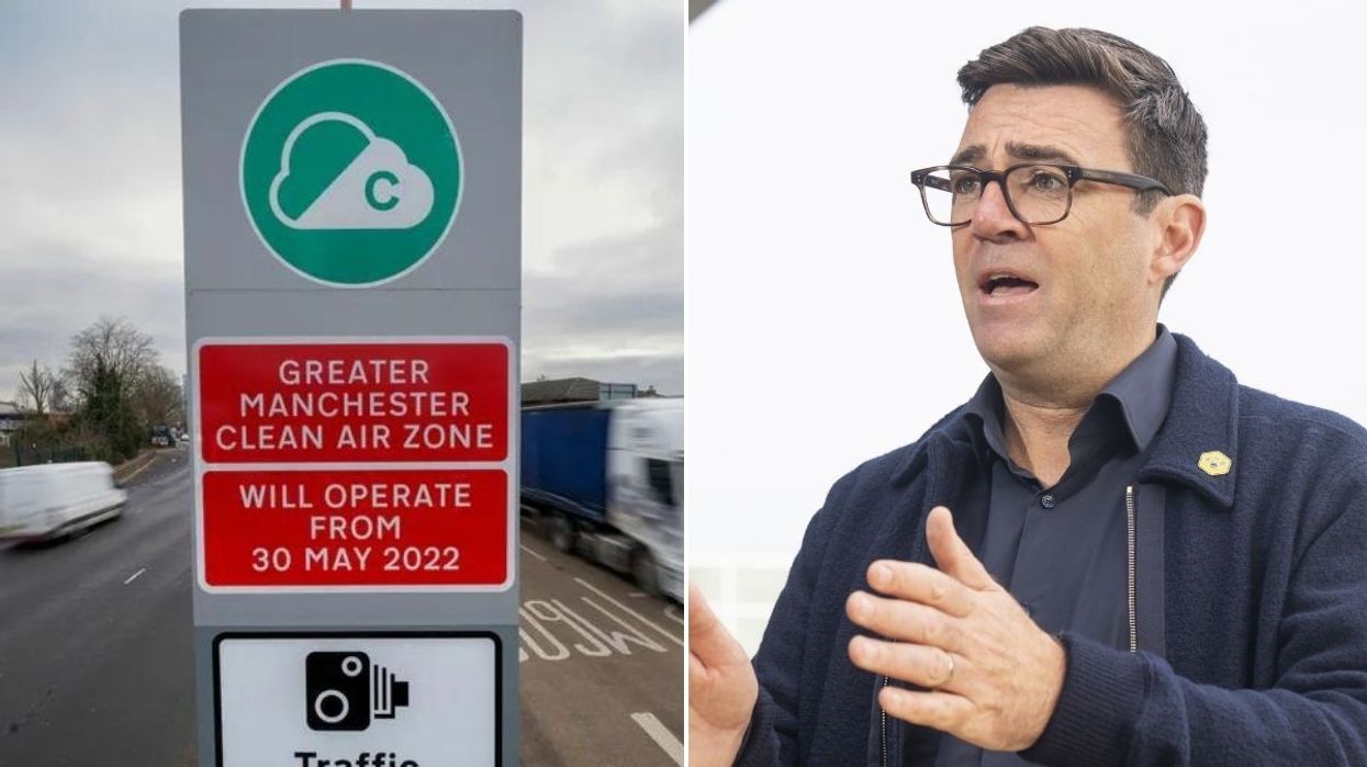 Manchester Clean Air Zone sign and Mayor Andy Burnham