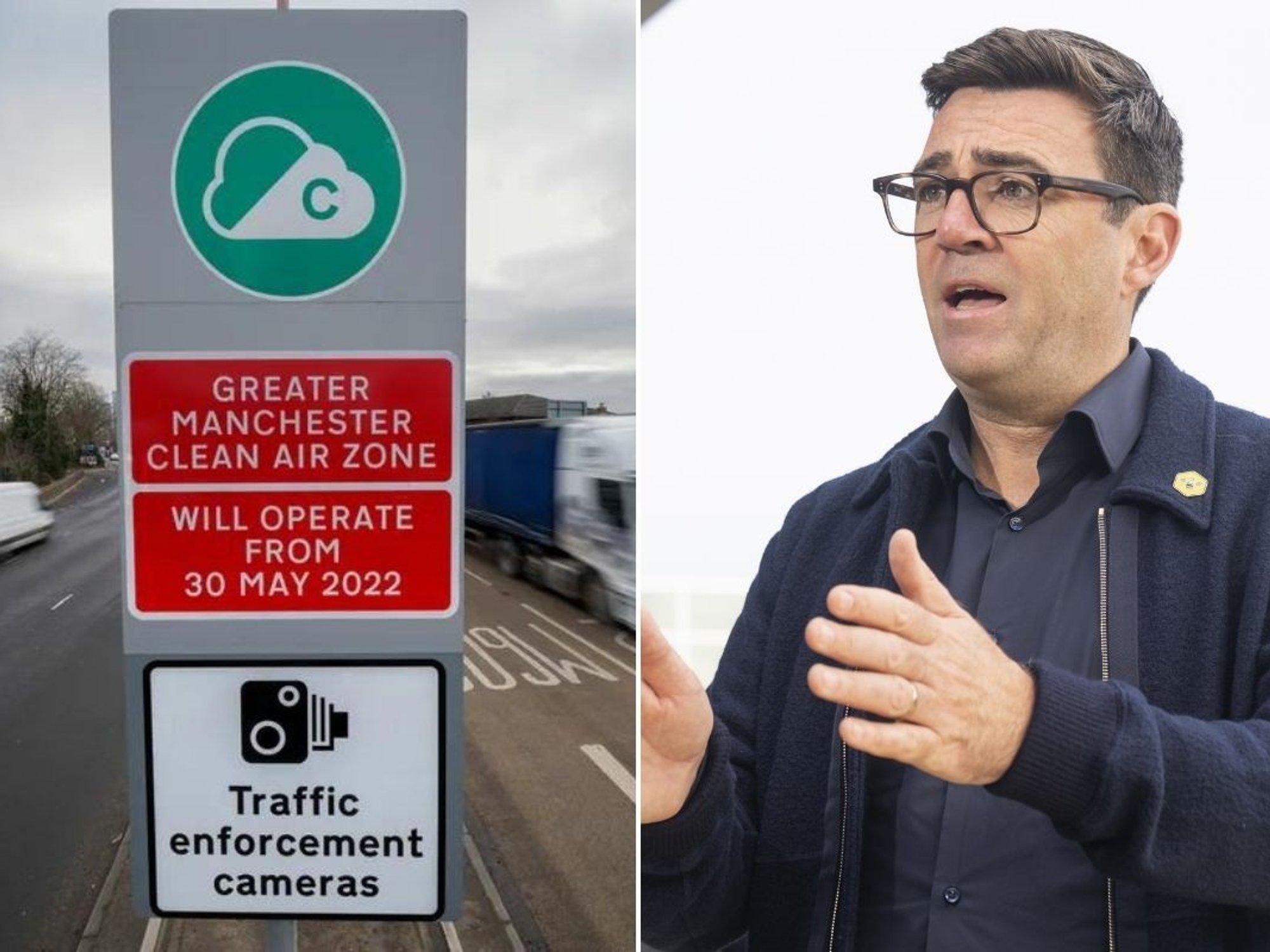 Manchester Clean Air Zone sign and Mayor Andy Burnham